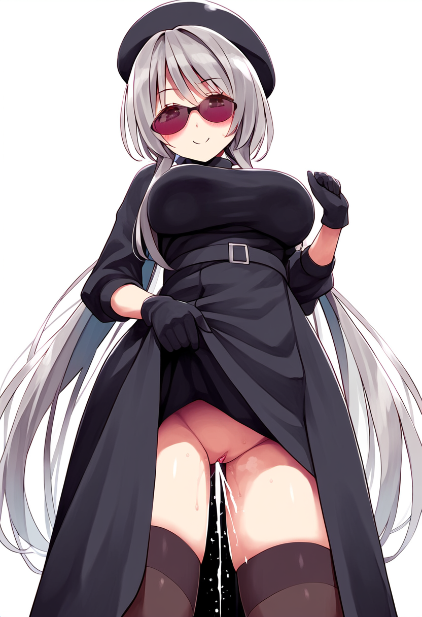 1girls ai_generated android black_beret black_dress black_stockings blush cumming dress dress_lift female_ejaculation gray_hair hismajestyii jenn_schauber_(hismajestyii) jenn_schauber_(t-1d_body)_(hismajestyii) large_breasts light_skin mature mature_female novelai original original_character ponytail pussy pussy_ejaculation pussy_juice silver_hair slim slim_waist smile stockings sunglasses synthetic_body tinted_eyewear