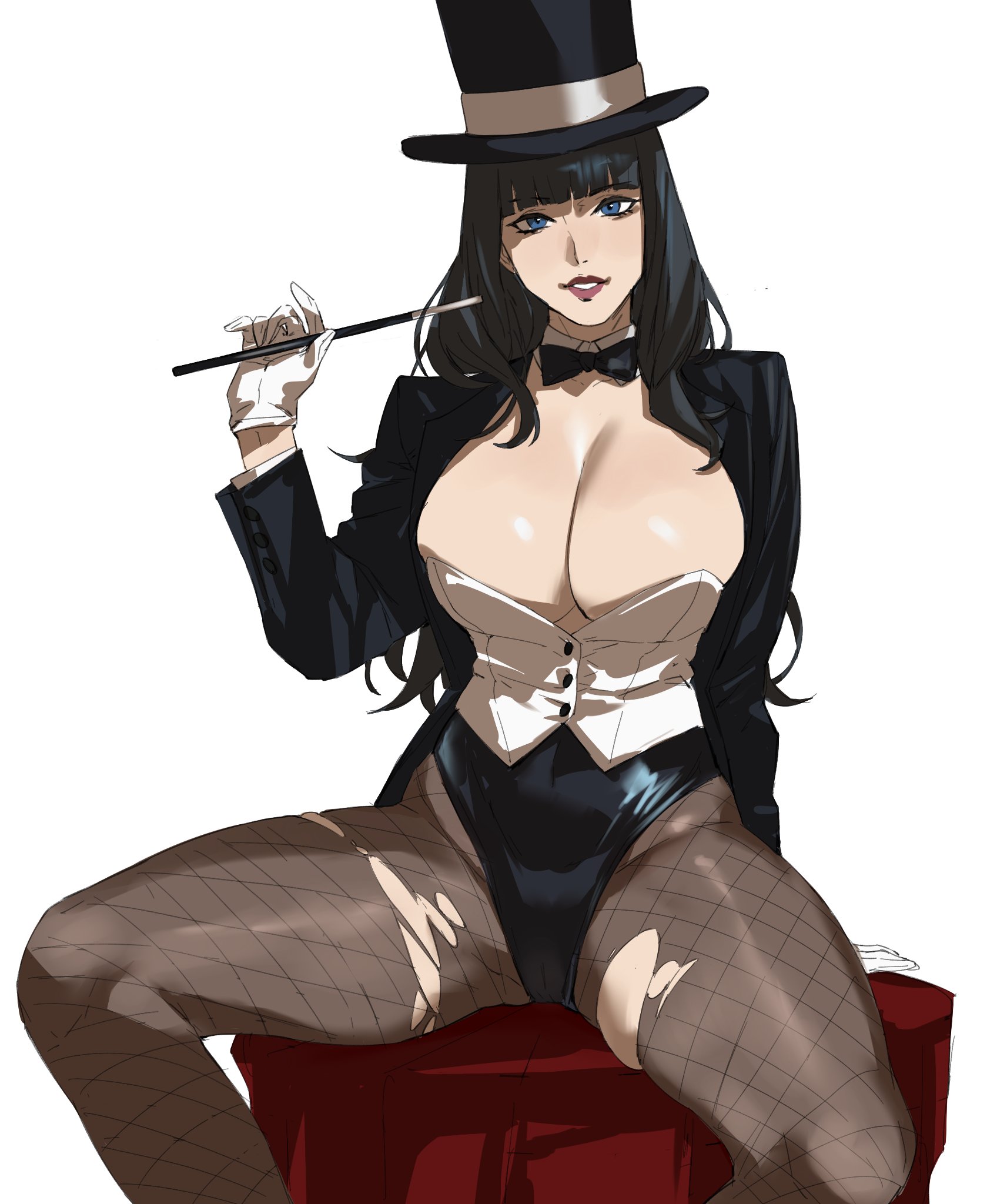 1girls, big breasts, black hair, blue eyes, bowtie, breasts, cleavage, clothed, clothing, dc, dc comics, female, female only, fishnets, gloves, hat, hourglass figure, huge breasts, large breasts, leotard, looking at viewer, magical girl, magician, magician hat, pantyhose, shiny skin, sitting, solo, solo female, spread legs, taiyang yu, thick, thick thighs, thighs, tight clothing, top hat, torn fishnets, torn legwear, torn pantyhose, wand, wide hips, zatanna