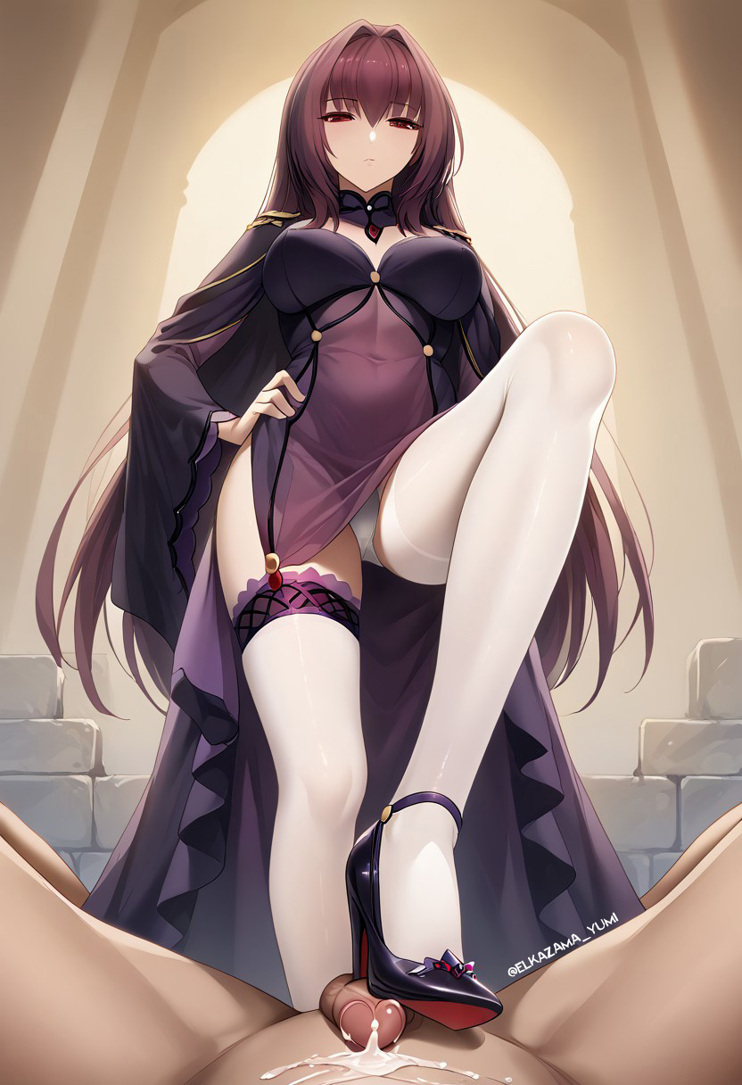 ai_generated cumshot dominated_female domination elkazama_yumi fate/grand_order femdom footjob scathach_(fate) shoejob