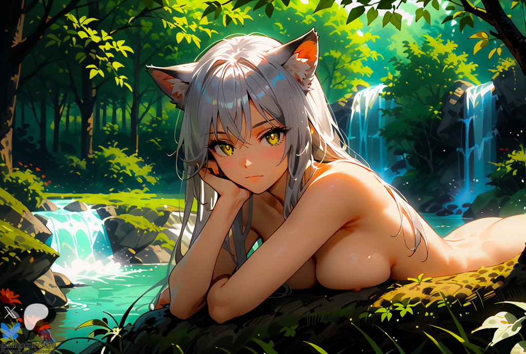 ai_generated animal_ears dog_days forest_background gold_eyes laying_on_stomach leonmitchelli_galette_des_rois minokai naked_female self_upload silver_hair solo solo_female