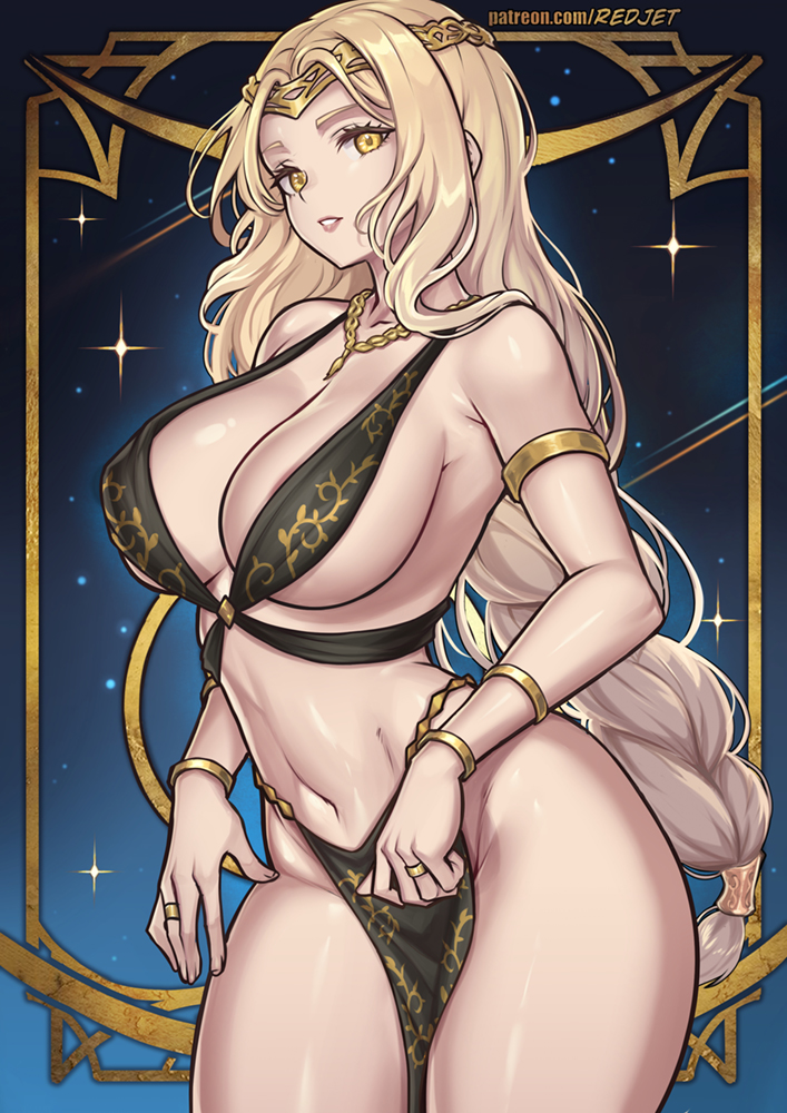 1girls 2024 2d 2d_(artwork) armlet artist_name bare_shoulders bikini black_bikini blonde_female blonde_hair blonde_hair_female braid braided_ponytail breasts cleavage curvy curvy_body curvy_female curvy_hips digital_drawing_(artwork) digital_media_(artwork) elden_ring female female_focus female_only fromsoftware goddess gold_eyes groin highres hourglass_figure jewelry light-skinned_female lips looking_at_viewer milf navel necklace patreon_username queen queen_marika_the_eternal redjet revealing revealing_clothes ring royal seductive shiny_skin single_braid smile smiling_at_viewer sole_female solo solo_female swimsuit teeth thick_hips thick_legs video_game_character video_games voluptuous voluptuous_female yellow_eyes