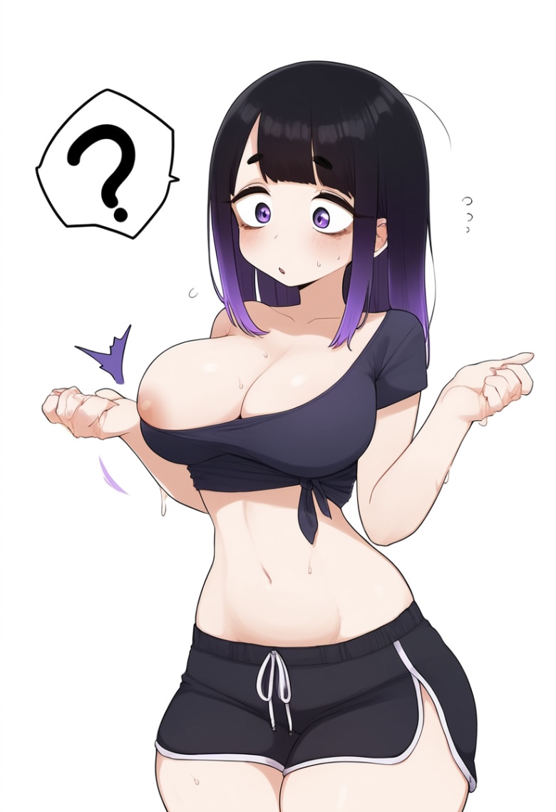 :o ? accidental_exposure ai_generated black_hair blush booty_shorts crop_top nipple_slip purple_hair purple_highlights speech_bubble unaware