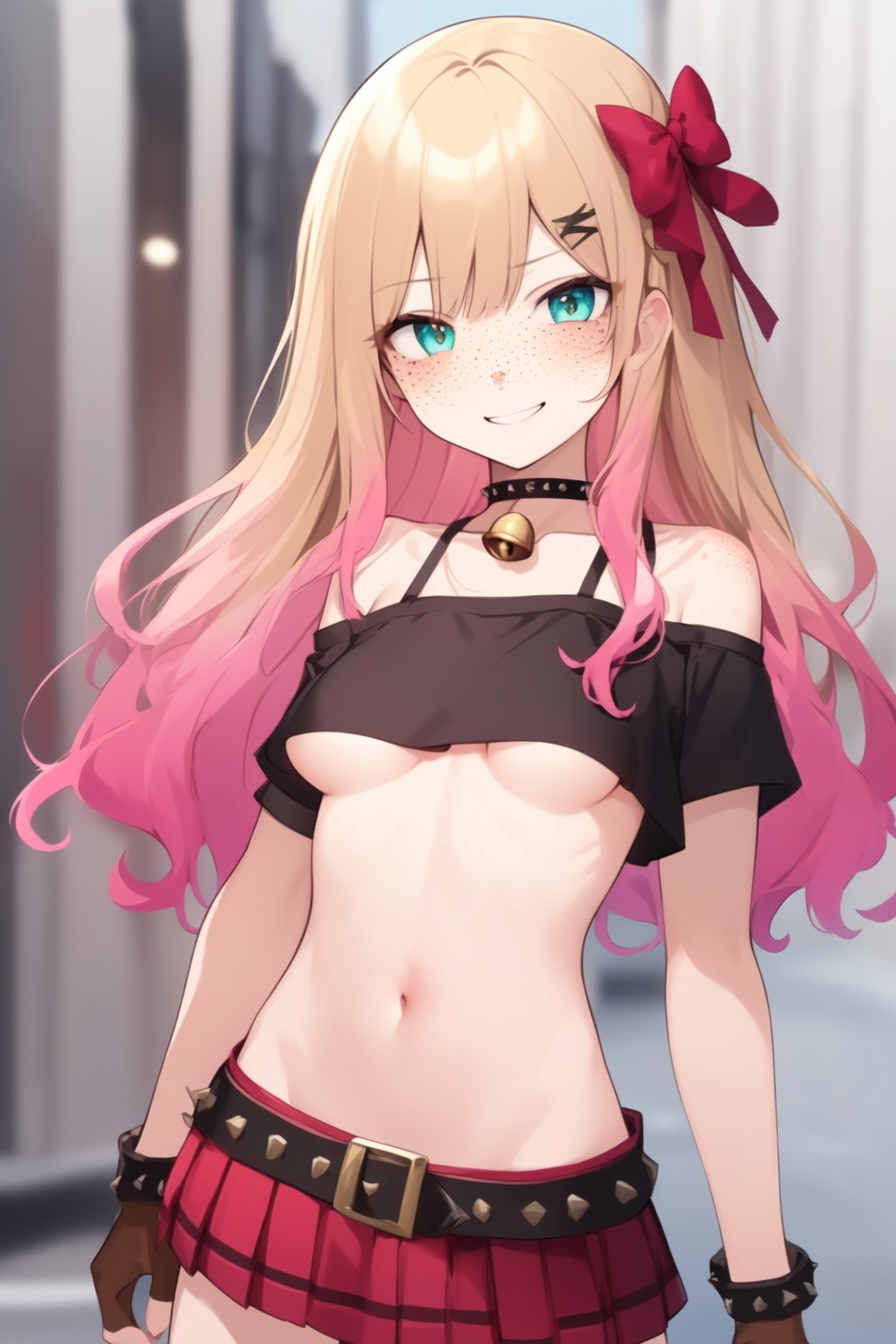 actualtrashhuman ai ai_generated alexis_woodrider alt_girl aqua_eyes bare_midriff bare_shoulders bell_collar belt black_topwear blonde_hair blonde_to_pink_hair bow_in_hair choker crop_top fingerless_gloves freckles golden_hair gradient_hair groin hairbow long_hair medium_breasts midriff miniskirt navel off-shoulder_shirt ombre_hair plaid_skirt pleated_skirt punk_girl red_skirt revealing_clothes skimpy skimpy_clothes skinny skinny_girl skirt slender_body slender_waist slut slutty_outfit small_breasts studded_belt tartan_skirt underboob wavy_hair y2k