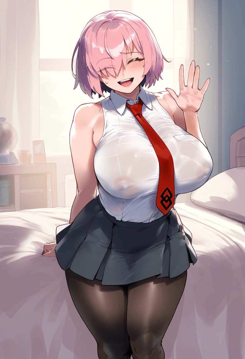 ai generated, bed, bedroom, big breasts, breasts, closed eyes, fate (series), fate/grand order, female, hair over one eye, large breasts, mash kyrielight, miniskirt, nipples, nipples visible through clothing, pantyhose, pink hair, school uniform, see-through, short hair, tharkica, waving