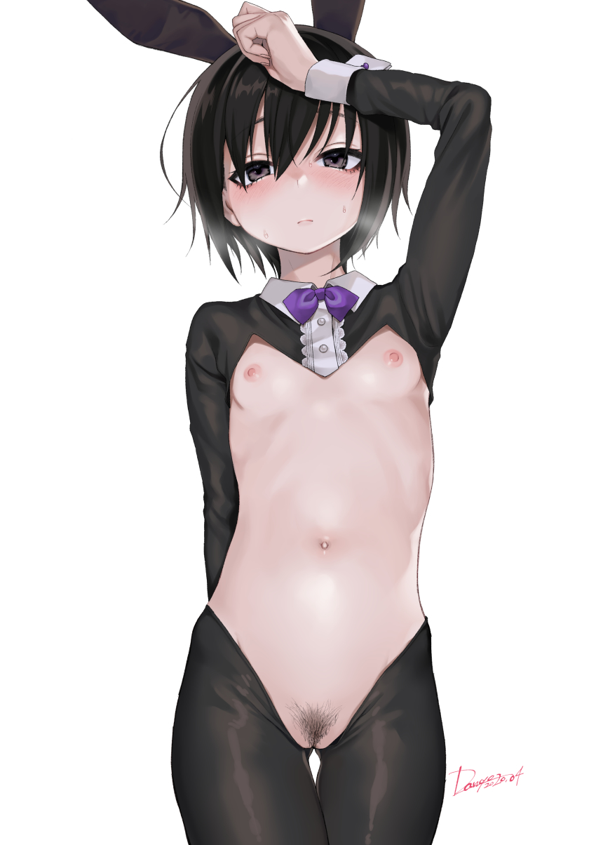 absurdres animal_ears black_eyes black_hair blush bow bowtie breasts dancho_(dancyo) female female_pubic_hair hair_between_eyes highres looking_at_viewer meme_attire navel nipples original pubic_hair rabbit_ears reverse_bunnysuit reverse_outfit simple_background small_breasts solo sweat white_background