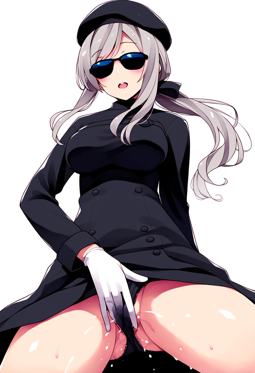 1girls ai_generated android black_beret black_dress blush cumming dress dress_lift female_ejaculation fingering_through_clothes gray_hair hismajestyii jenn_schauber_(hismajestyii) jenn_schauber_(t-1d_body)_(hismajestyii) large_breasts light_skin masturbating masturbating_through_clothes mature mature_female novelai open_mouth original original_character panties ponytail pussy pussy_ejaculation pussy_juice silver_hair slim slim_waist squirting sunglasses synthetic_body