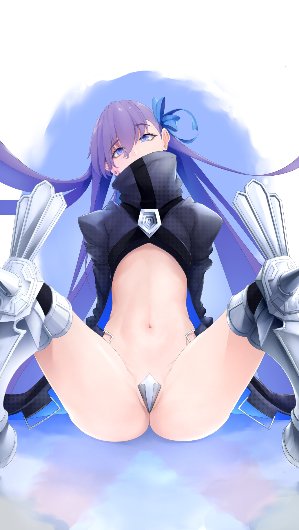 armor ass blue_eyes crotch_plate fate/extra fate/extra_ccc fate_(series) female flat_chest greaves highres long_hair looking_at_viewer meltryllis navel noir_(4chan) purple_hair sitting solo spread_legs turtleneck