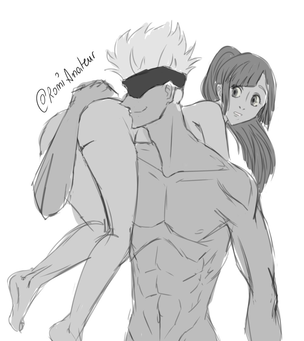 1boy 1boy1girl 1girls age_difference big_smile blank_background blindfold carrying carrying_over_shoulder carrying_partner female grayscale hand_on_ass jujutsu_kaisen kasumi_miwa male male/female muscular_male naked naked_female naked_male nude on_shoulders ponytail romiamateur satoru_gojo shirtless straight twitter_username white_background