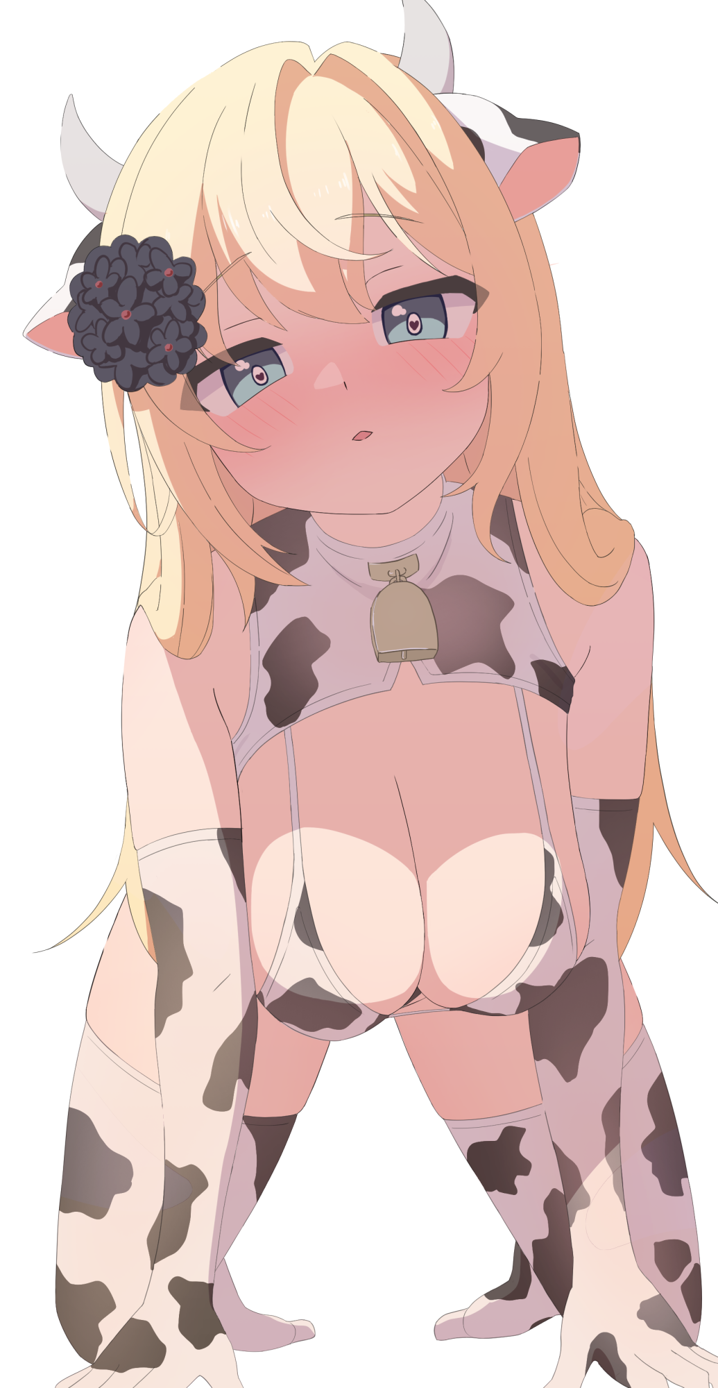 all_fours altea_aquila_(jain_no_ikenie) animal_print bikini blonde_hair blue_eyes breasts cleavage cow_print cow_print_bikini elbow_gloves female flower gloves hair_flower hair_ornament hanging_breasts highres jain_no_ikenie kumacy_0 large_breasts long_hair looking_at_viewer open_mouth pointy_breasts print_bikini sagging_breasts shaded_face socks solo swimsuit