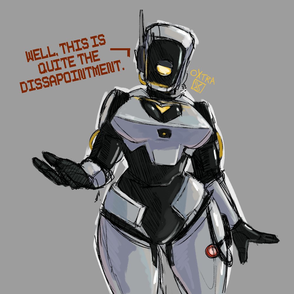 1_eye 5_fingers anthro artificial_intelligence big_breasts black_body breasts disappointed earpiece faceless female fingers glados grey_body humanoid humanoidized looking_at_viewer machine metallic_body orange_eyes oxtra portal_(series) robot robot_humanoid solo thick_thighs valve wide_hips wire