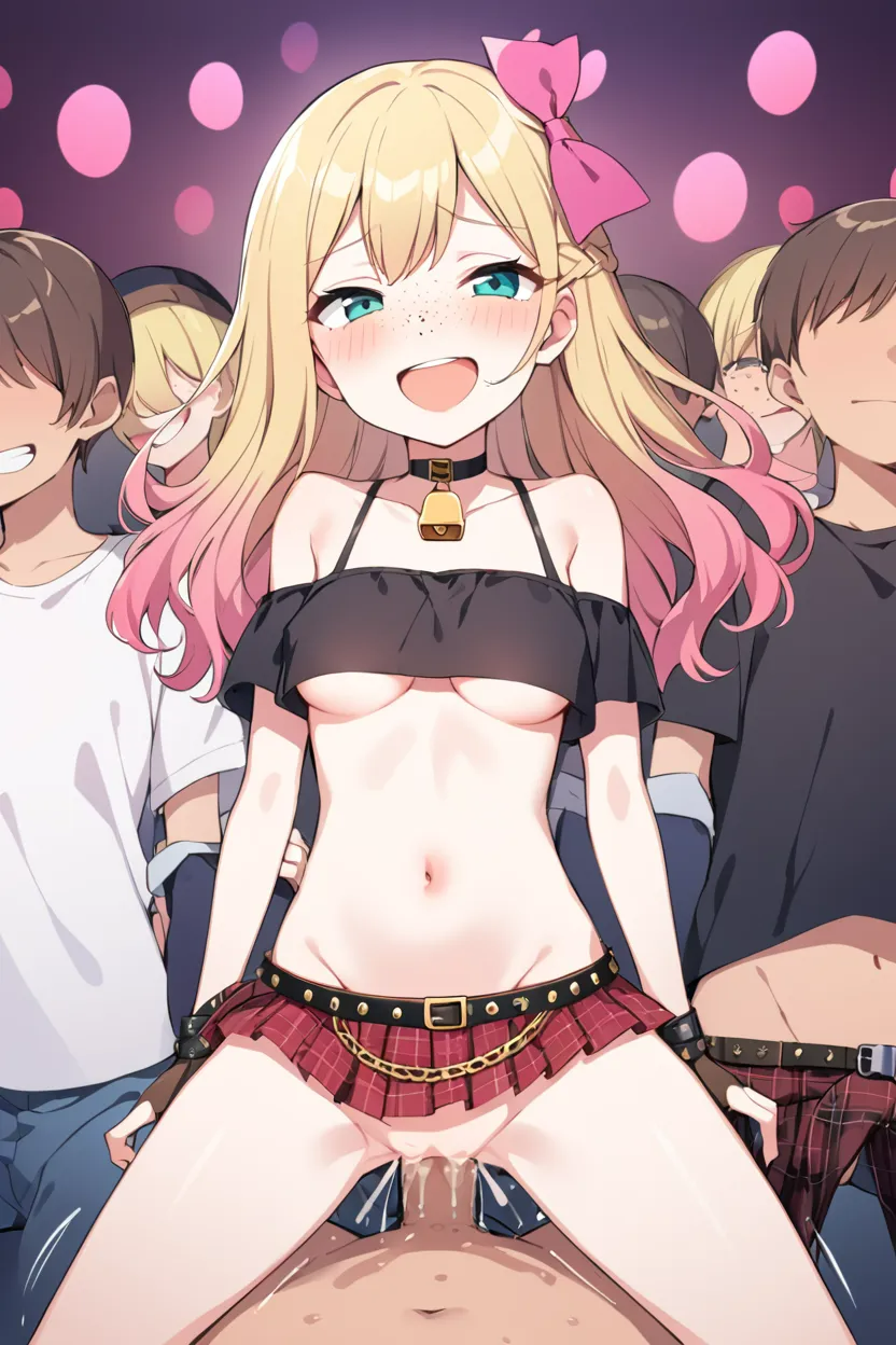 actualtrashhuman ai ai_generated alexis_woodrider alt_girl bare_midriff bell_collar belt black_topwear blonde_hair boots bow_in_hair choker cowgirl_position crop_top female flat_stomach freckles groin hairbow inner_thigh_dips long_hair midriff miniskirt multiple_boys navel off_shoulder petite petite_body petite_breasts petite_female plaid_skirt pleated_skirt punk_girl red_skirt skimpy skimpy_clothes skirt slut slutty_outfit tartan_skirt underboob y2k