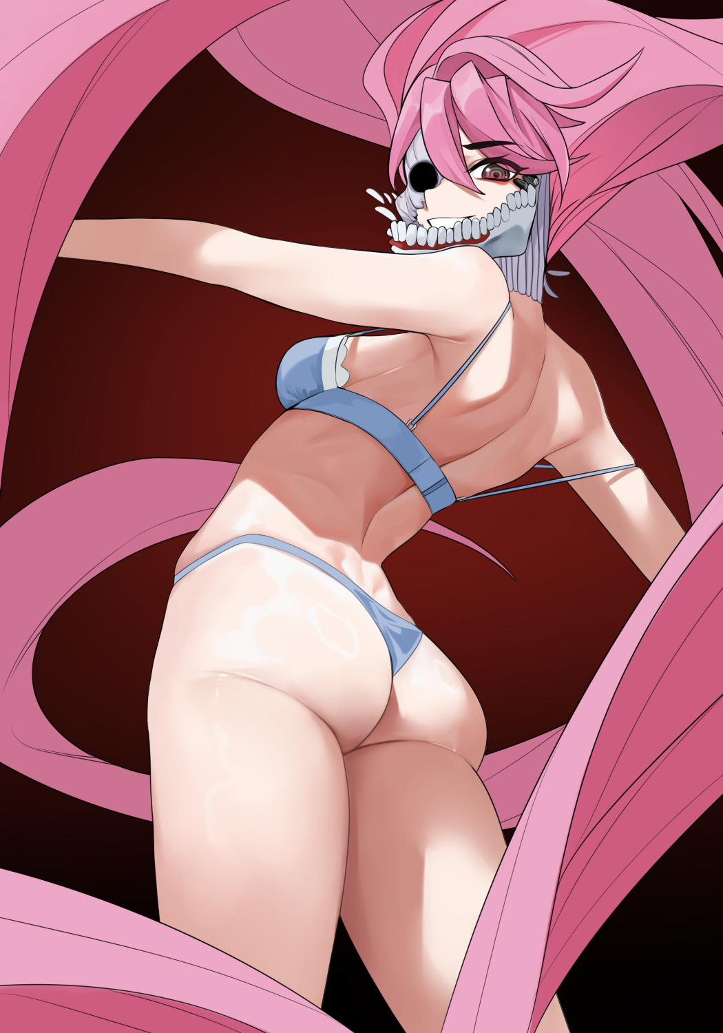 absurdly_long_hair ass back bare_shoulders blue_bra blue_panties bra breasts cowboy_shot dandadan female from_behind highres long_hair looking_at_viewer looking_back medium_breasts noir_(4chan) panties pink_hair shiratori_aira_(acrobatic_silky) shiratori_aira_(dandadan) simple_background smile solo standing thighs underwear underwear_only very_long_hair