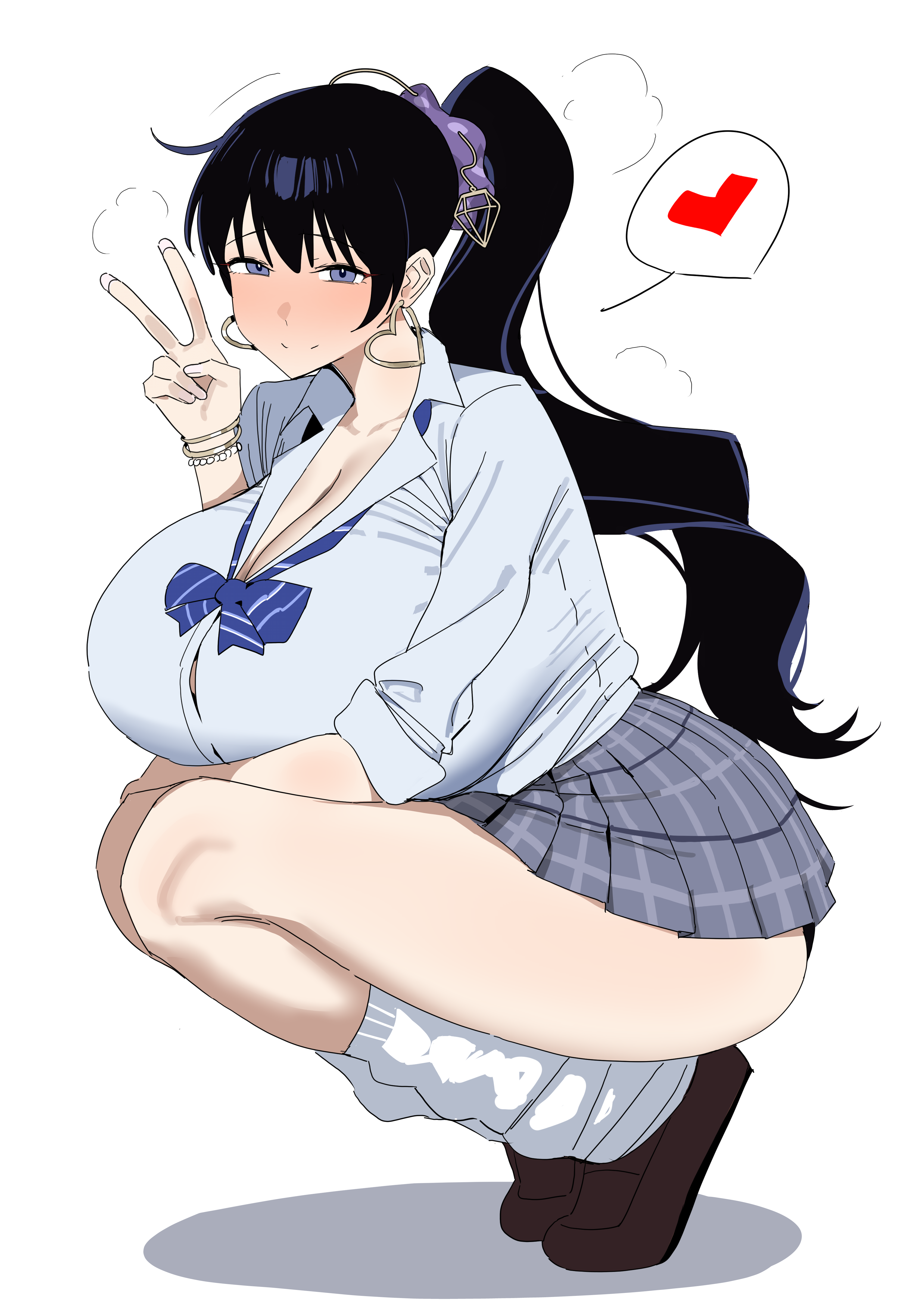 absurdres, arato nagi, arm on thigh, arm under breasts, black hair, black panties, blue bow, blue bowtie, blue eyes, blush, bow, bowtie, bracelet, breasts, brown shoes, button gap, choppy bangs, cleavage, closed mouth, collared shirt, commentary, curvy, earrings, fingernails, from side, grey skirt, gyaru, hair between eyes, hand up, heart, heart earrings, highres, huge breasts, jewelry, leg warmers, loafers, long fingernails, long hair, looking at viewer, loose bowtie, loose clothes, loose shirt, multiple bracelets, panties, pearl bracelet, pleated skirt, ponytail, purple scrunchie, ruri no houseki, school uniform, scrunchie, shadow, shirt, shoes, sidelocks, simple background, skirt, sleeves rolled up, smile, solo, split mouth, spoken heart, squatting, striped bow, striped bowtie, striped clothes, tiptoes, underwear, v, very long hair, white background, white leg warmers, white shirt, ysz