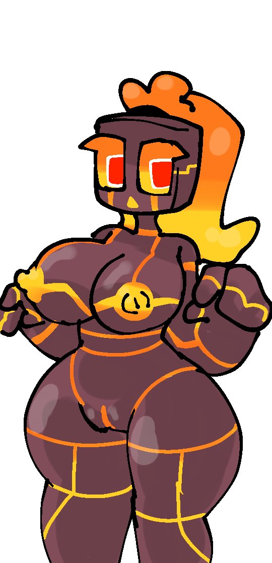 2023 alternate_version_available big_breasts breasts cyboobr digital_drawing_(artwork) hips maggie_(cyboobr) magma_cube minecraft nipples pinup pussy thick_thighs thighs yellow_nipples