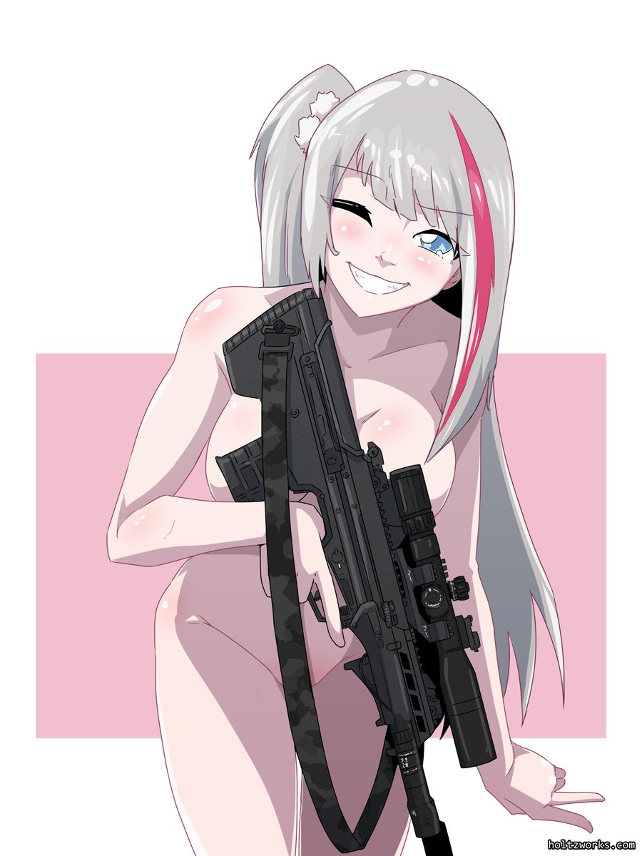 assault_rifle blue_eyes completely_nude_female convenient_censoring girls'_frontline gray_hair grey_hair gun holtzworks mdr_(girls'_frontline) nude nude_female pink_highlights tagme weapon