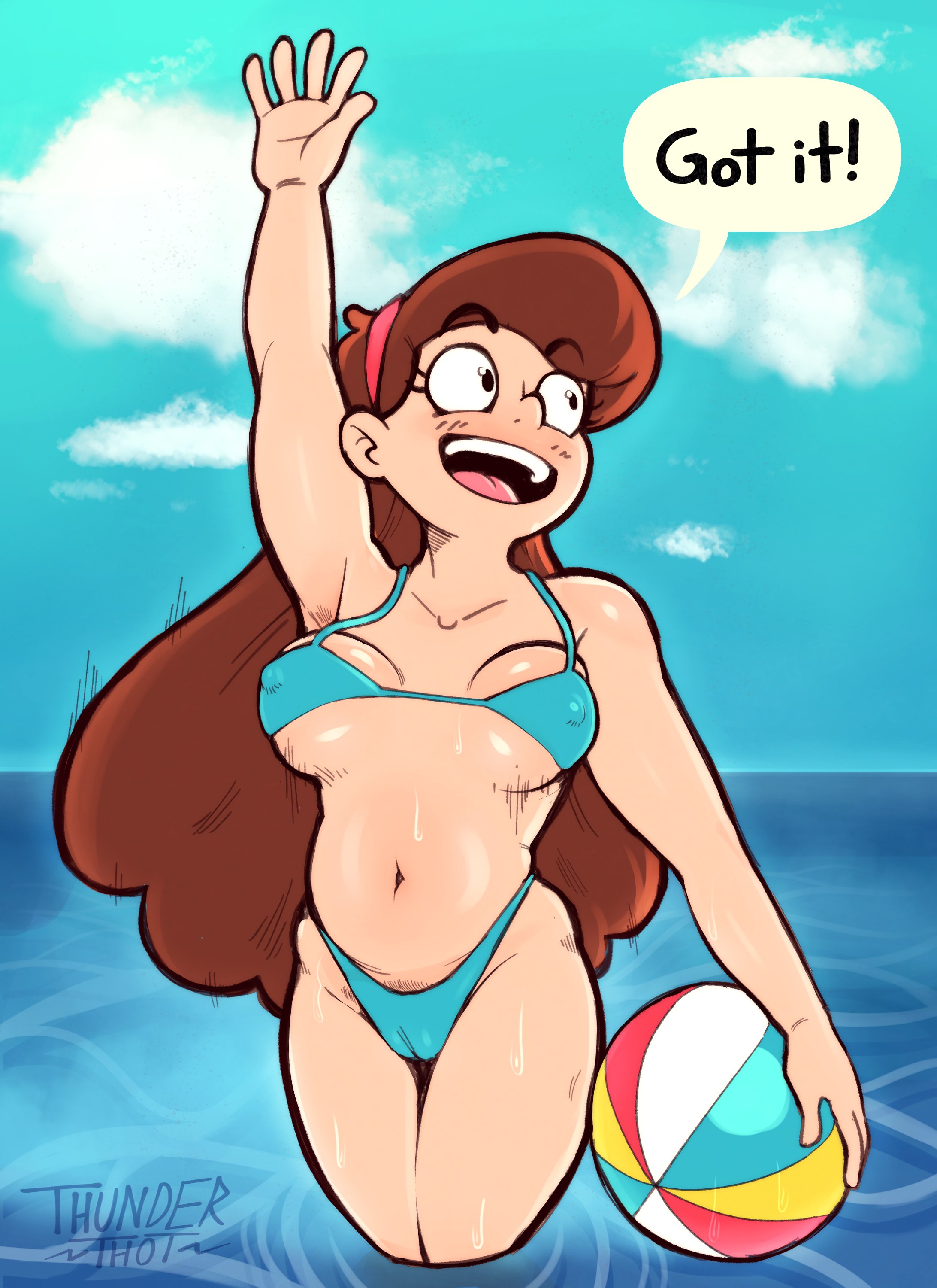 1girls, 2023, aged up, arm up, armpits, artist name, beach ball, belly button, bikini, bikini bottom, bikini top, black eyes, blue bikini, bottomwear, bouncing breasts, breasts, brown hair, cameltoe, cleavage, clothed, clothed female, clothes, clothing, cloud, cloudy sky, disney, disney channel, disney xd, english text, eyelashes, female, front view, genitals, gravity falls, hair, hairband, hand up, happy, hi res, holding object, human, in water, labia, legs together, light skin, light-skinned female, long hair, looking away, love handles, mabel pines, medium breasts, midriff, motion lines, navel, nipple bulge, nipples, nonsexual, open mouth, outdoors, pale skin, panties, pubic hair, pubic hair peek, pussy, raised arm, signature, smile, smiling, solo, speech bubble, standing, standing in water, stomach, talking, talking to another, teeth, text, thighs, thong, thong bikini, three-quarter portrait, thunderthot, tongue, topwear, vagina, water, water drop, wet body