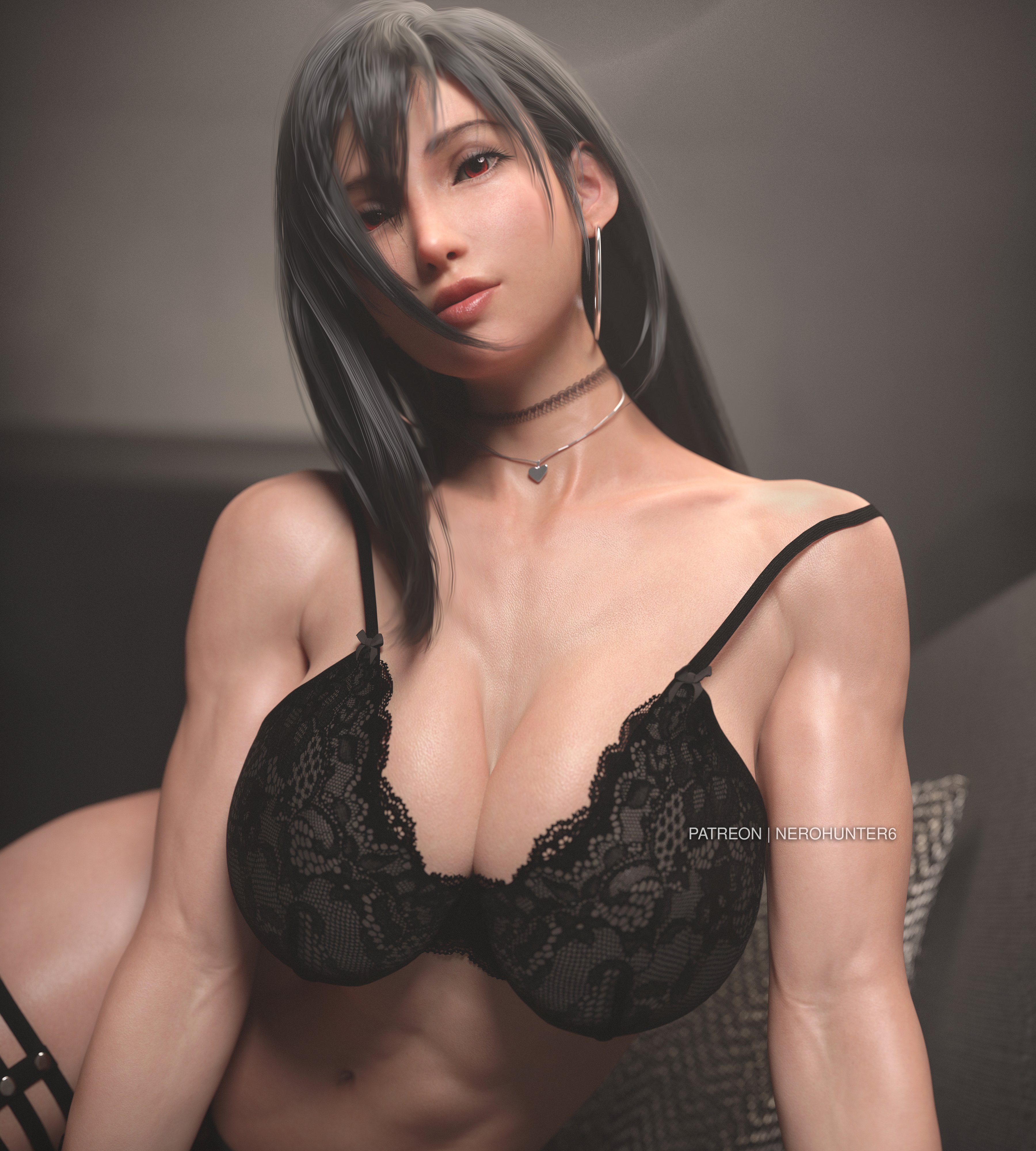 1girls, 3d, abs, absurdres, alternate version available, ass, big ass, big breasts, black hair, black nail polish, black nails, bra, breasts, female, female only, final fantasy, final fantasy vii, final fantasy vii remake, fit, fit female, hard nipples, highres, lingerie, long hair, muscular, muscular female, nail polish, nerohunter6, panties, realistic, red eyes, solo, solo female, square enix, thick thighs, tifa lockhart, toned, toned female