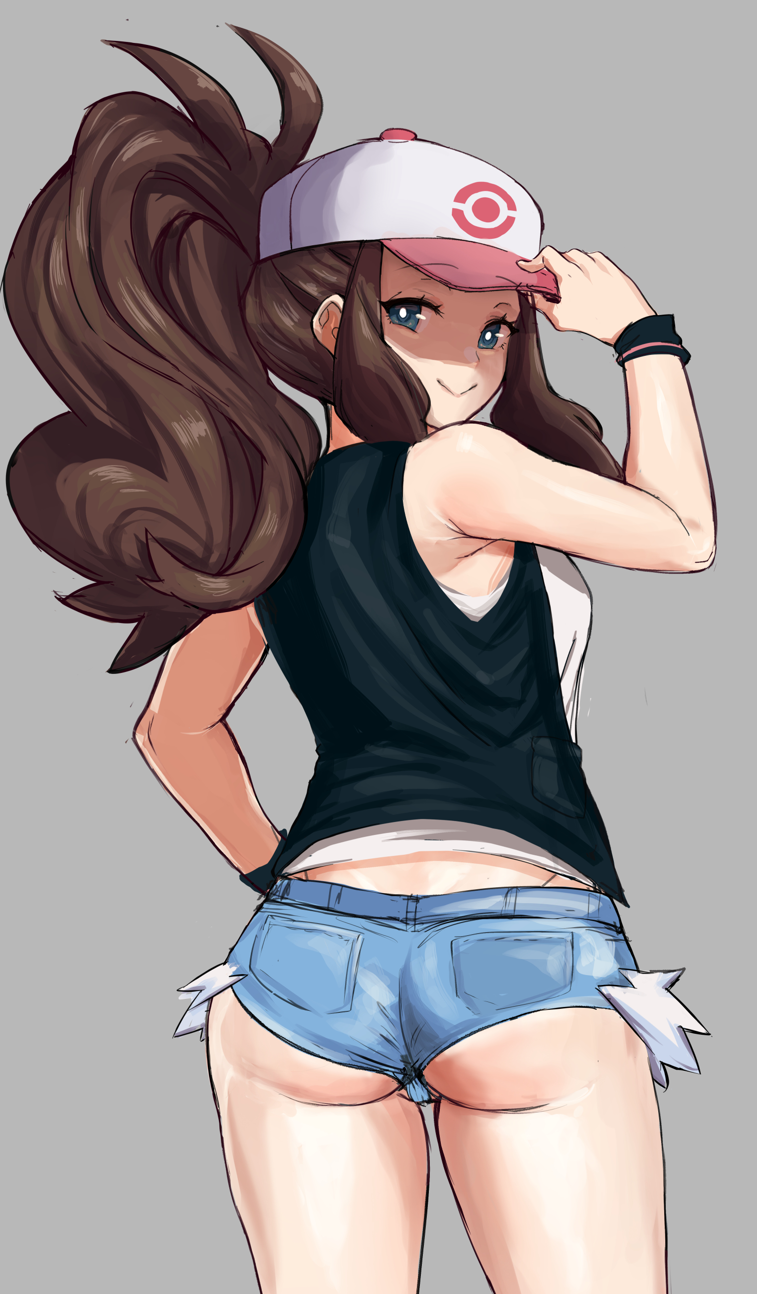 1girls, ass, ass hanging out of shorts, awesomeerix, blue eyes, booty shorts, breasts, brown hair, female, game freak, hat, hilda (pokemon), jean shorts, light skin, light-skinned female, long hair, nintendo, pokemon, pokemon bw, ponytail, short shorts, shorts, thighs