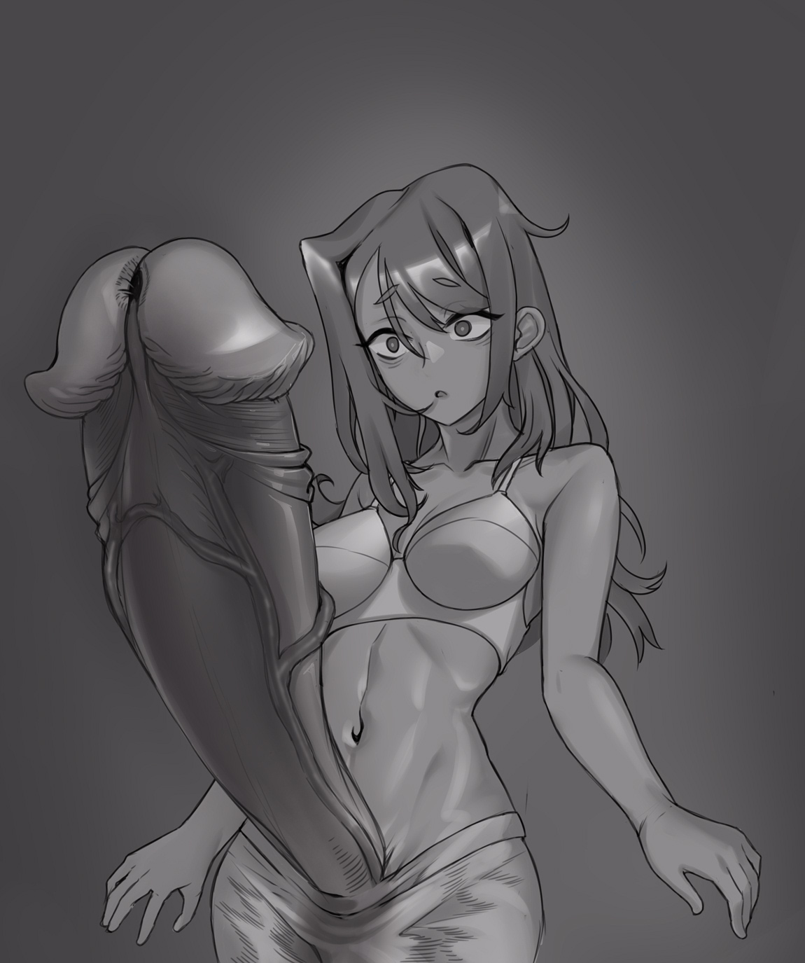 1futa, 2023, balls, big penis, bra, breasts, clothed, clothing, emma (seconduspublius), erection, focus on penis, futa only, futanari, gigantic penis, greyscale, huge cock, human, intersex, messy hair, monochrome, mushroom penis, oc, original character, panzermeido, partially clothed, penis, secunduspublius, solo, solo futa, standing, surprised, underwear, young
