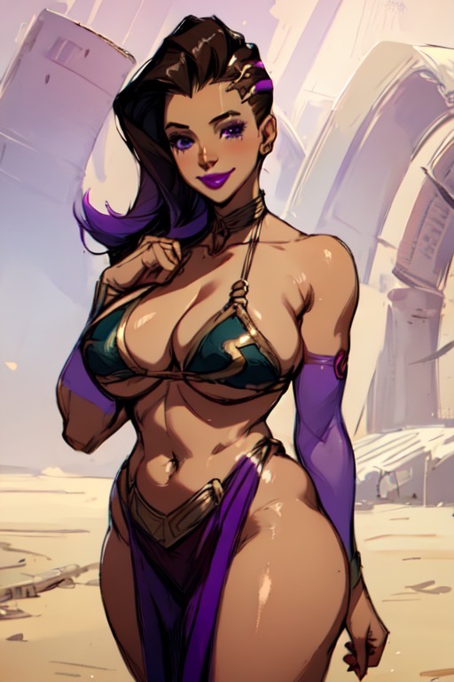 ai generated, asymmetrical hair, blizzard entertainment, breasts, brown hair, cleavage, dark skin, dark-skinned female, female, femsub, happy sub, harem girl, harem outfit, huge breasts, loincloth, overwatch, purple eyes, purple highlights, slave, slave bikini, slave collar, slave girl, slave leia (cosplay), slave outfit, sombra, star wars, submissive female, transformationwitch, voluptuous