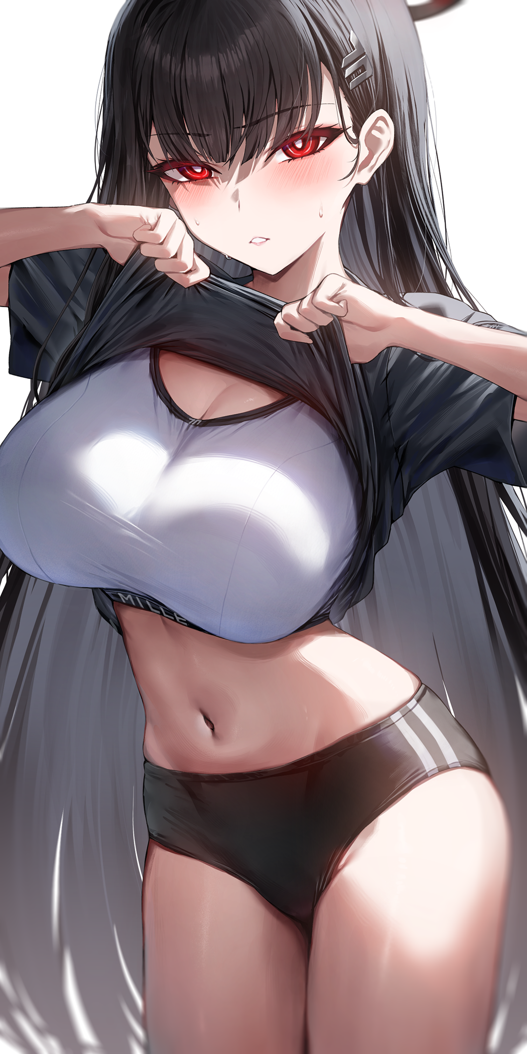 1girls alternate_costume big_breasts black_buruma black_hair blue_archive blush blush_lines blushing_at_viewer breasts bright_pupils buruma cleavage clothes_lift cowboy_shot english_text eyebrows_visible_through_hair gym_uniform hair_between_eyes hair_ornament halo highres huge_breasts large_breasts lifted_by_self light-skinned_female light_skin looking_at_viewer millennium_science_school_student navel neshia_(tsaqif0309) parted_lips red_eyes rio_(blue_archive) seminar_(blue_archive) seminar_president shirt_lift short_sleeves simple_background solo sports_bra stomach student_council_president thighs white_background white_pupils white_sports_bra