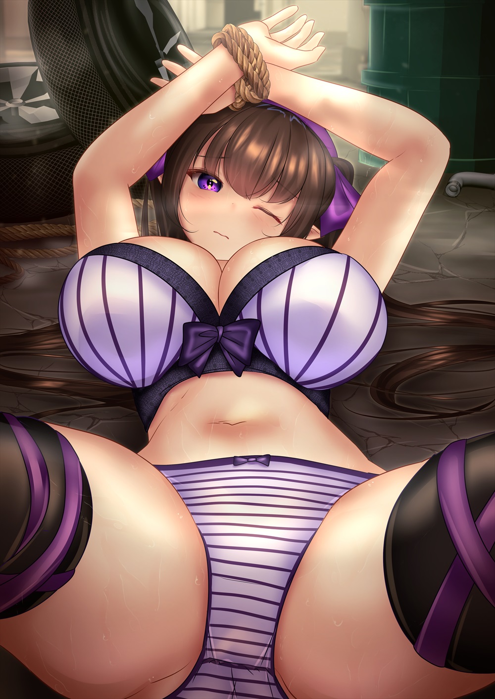 1girls 2d 2d_(artwork) bare_shoulders big_breasts black_thighhighs blush bra breasts brown_hair closed_mouth female female_focus female_only garage hair_between_eyes hair_ribbon hands_up hatate_himekaidou humanoid looking_at_viewer lying lying_on_back lying_on_floor no_shirt no_skirt one_eye_closed pixiv pointy_ears purple_eyes purple_ribbon shounen_(hogehoge) shounen_f shy slave_handles solo solo_female solo_focus source spread_legs striped_bra striped_legwear striped_panties tengu thighhighs tied_hair tied_up tokin_hat touhou twintails underboob underwear visible_underwear youkai