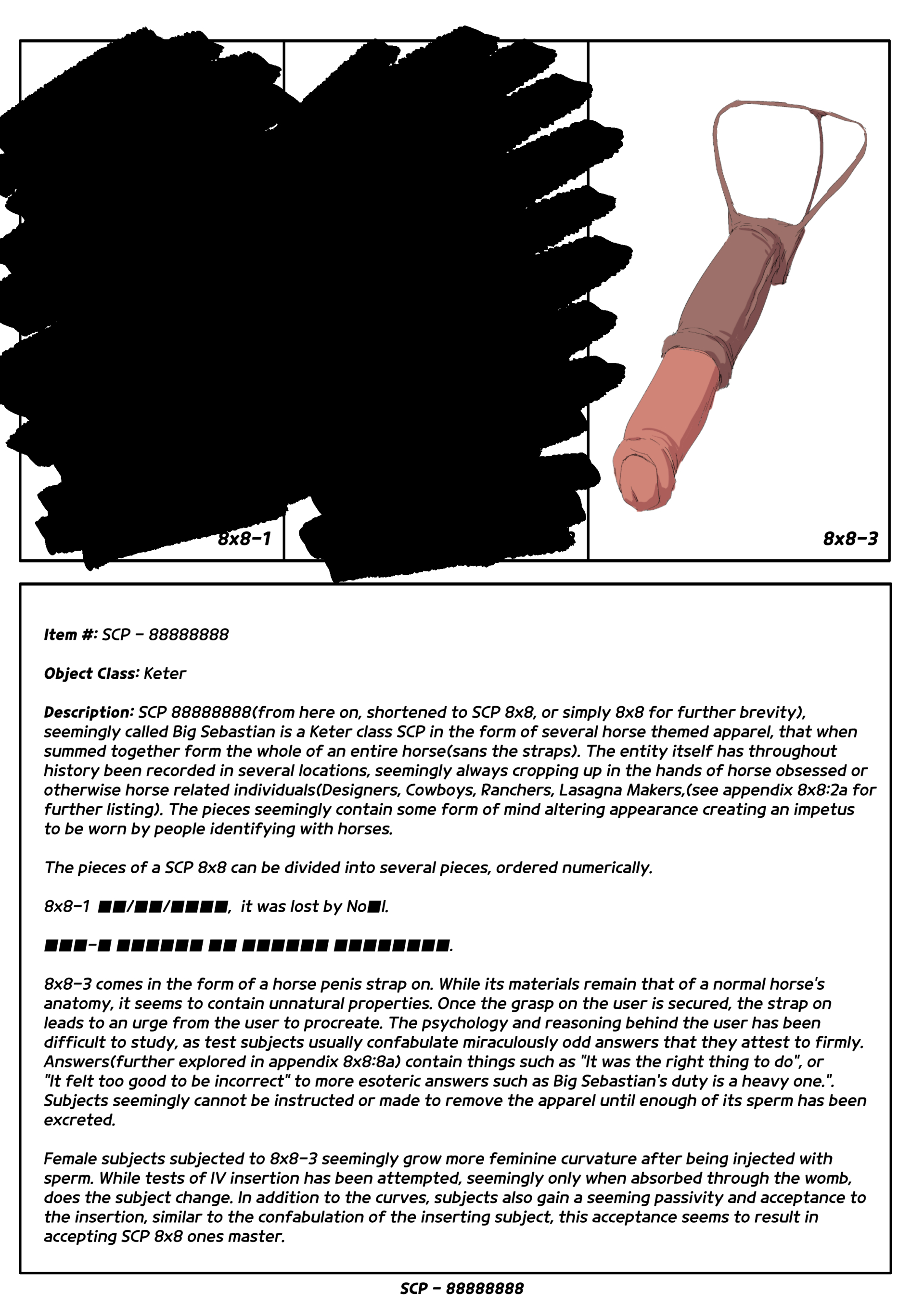 animal genitalia, body modification, cursed clothing, cursed item, description, english text, equine penis, flared penis, horsecock, huge cock, item description, male, mind control, penis, scp foundation, scp-88888888, strap-on, strapon, text, uncensored, woohyoot