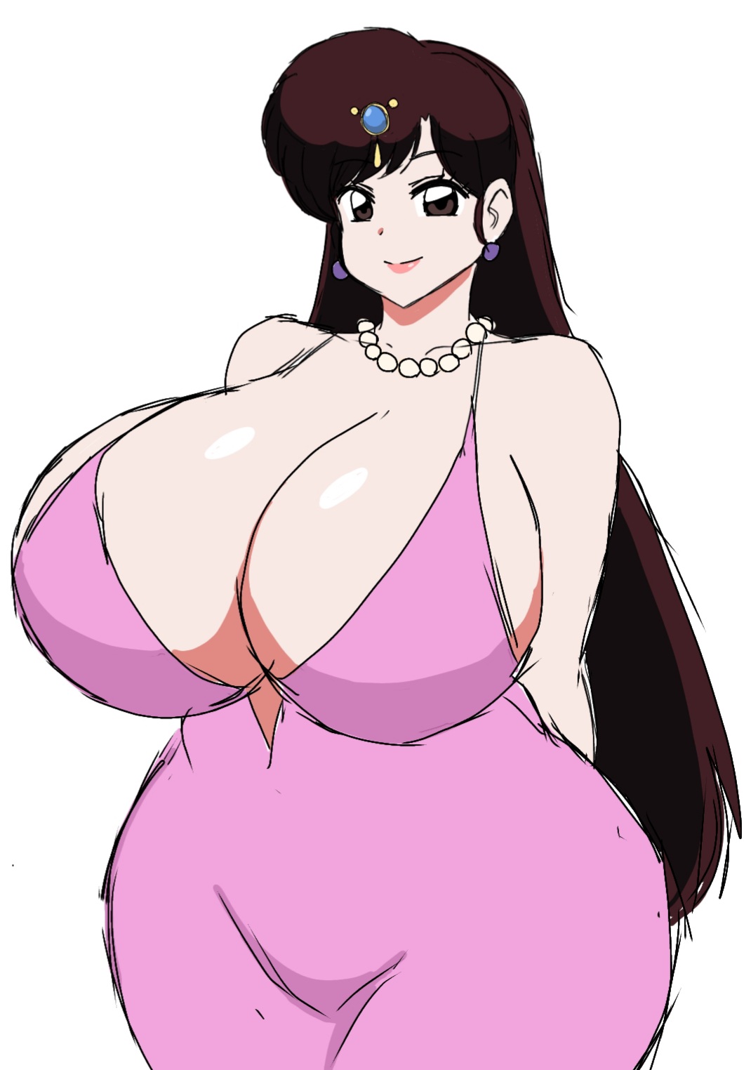 2023 big_breasts breasts brown_hair brunette_hair cleavage dress huge_breasts large_breasts long_hair massive_breasts momiji_(artist) ranma_1/2 ukyo_kuonji