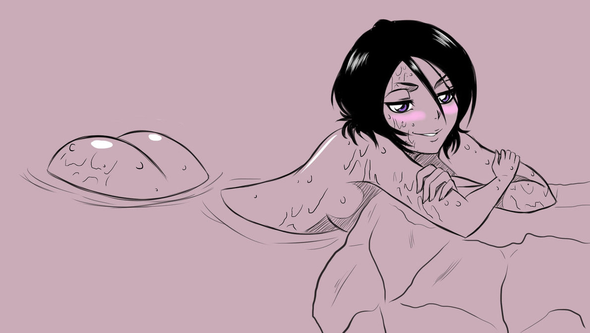 1girls, arched back, ass, black hair, bleach, bleach: the thousand-year blood war, blush, breasts, female, huge ass, kuchiki rukia, monochrome, nude, onsen, purple eyes, short hair, smile, solo, wet