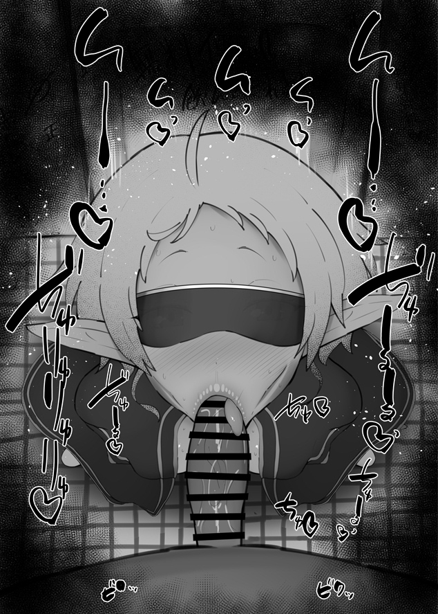 1boy, 1girls, ahoge, big penis, black and white, blindfold, blowjob, blush, breasts, cape, censored, dark skin, dark-skinned male, detailed background, drooling, elf, eyelashes, fellatio, female, hat, heart, humanoid, indoor, inside, interspecies, kurotama, looking at viewer, male, male pov, mushoku tensei, oral, oral sex, penis, pointy ears, room, saliva, shiny, shiny skin, short hair, sketch, small breasts, sound effects, squatting, straight, sunglasses, sweat, sylphiette (mushoku tensei), text, tinted eyewear, tongue, tongue out, vein, veins, veiny, veiny penis