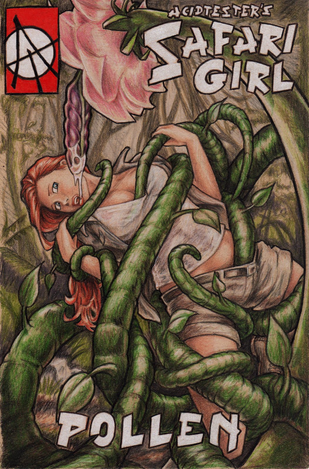 1girls acidtester cover_page covert-operations fake_cover imminent_oral implied_penetration outdoors plant_monster red_hair safari_girl shorts tentacle tentacle_bondage tentacle_monster tentacles_under_clothes vine_tentacles