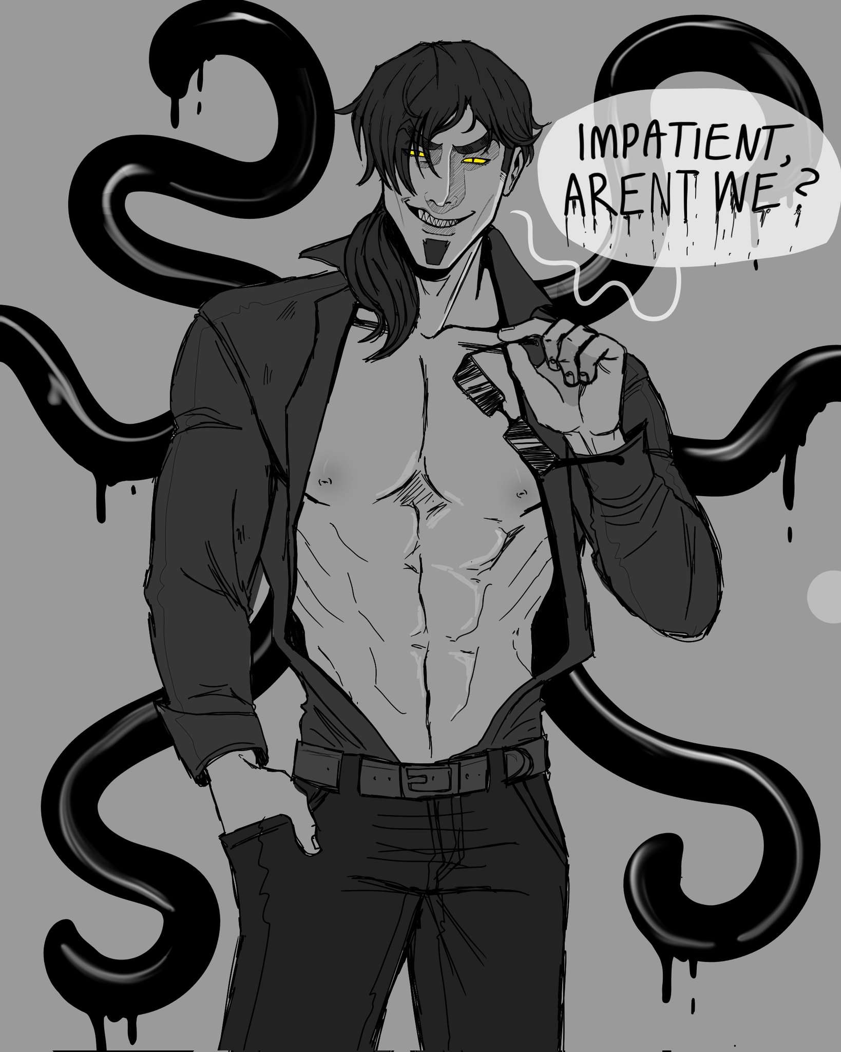 1boy, boyfriend to death, demon, kornysadist, lucien rire, male, no visible genitalia, pinup, shirtless, solo male, suggestive, tentacle