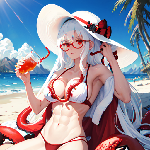 ai_generated beach bikini cleavage drink eldritch_horror glasses muscular_female nemus_waifu_generator original_character red_eyes shapeshifter six_pack tentacle white_hair wide_brim_hat