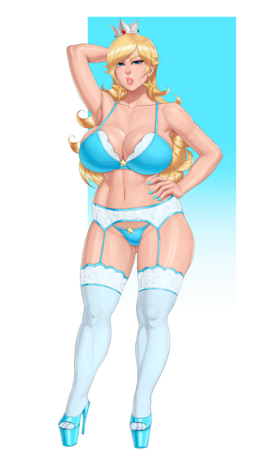 1girls abyssdagon big_breasts big_lips blonde_hair blue_bra blue_eyes blue_nail_polish blue_nails blue_panties bottomwear bra breasts cleavage crown female female_only footwear full_body garter_belt garter_straps hair hand_behind_head hand_on_hip headwear heels high_heels huge_breasts lace lace-trimmed_garter_belt lace-trimmed_thighhighs lace_trim legwear lingerie lips long_hair mario_(series) mature mature_female mature_woman nail_polish nails nintendo panties princess_rosalina solo solo_female super_mario_galaxy thick_lips topwear