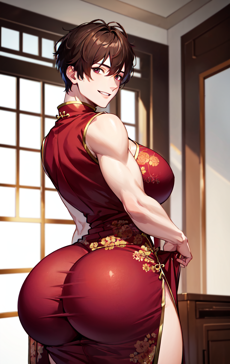 1girls ai_generated big_breasts blush brown_hair bubble_butt china_dress chinese_clothes cleavage curvy female female_only hourglass_figure huge_breasts light-skinned_female light_skin looking_at_viewer looking_back lustre pale_skin red_eyes shiny_skin short_hair smile thick_thighs tomboy