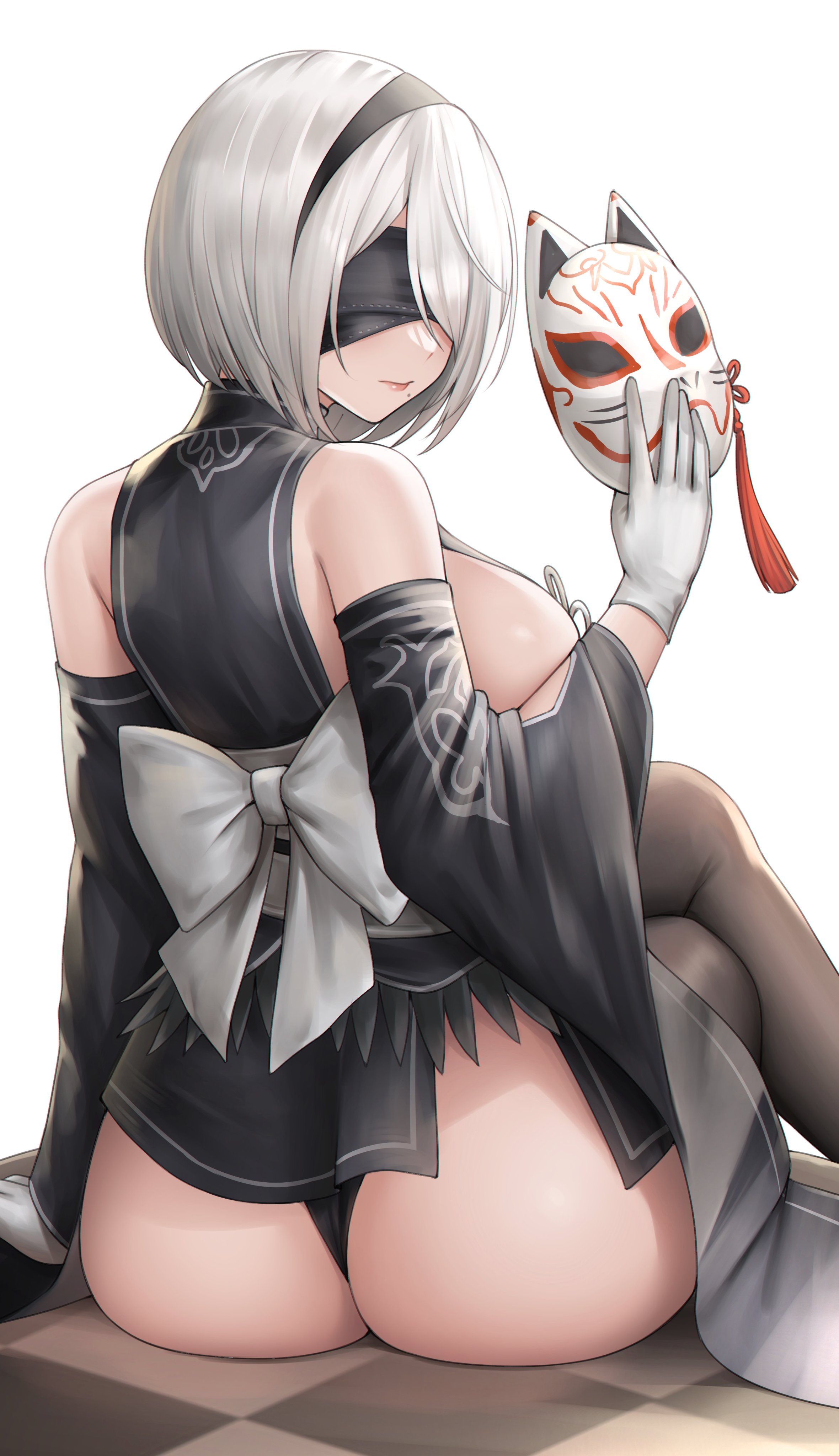 1girls, ass, big ass, big butt, blindfold, breasts, crossover, fat ass, female, goddess of victory: nikke, huge ass, huge breasts, huge butt, kuronerinka, light skin, light-skinned female, looking at viewer, mask, nier, nier (series), nier: automata, short hair, white hair, yorha 2b, yorha 2b (yorha uniform 1) (nikke)
