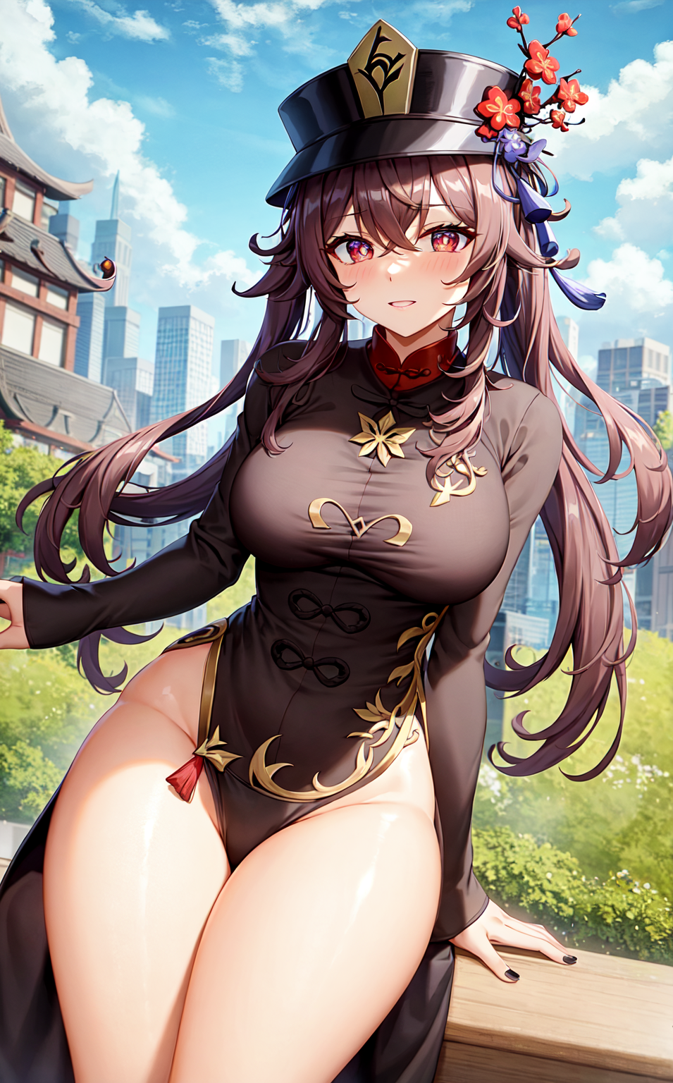 ai_generated alternate_breast_size big_breasts blush breasts brown_hair city city_background exhibitionism gangyu genshin_impact groin hair_ornament hips hu_tao_(genshin_impact) long_hair nervous outdoors outside pelvic_curtain public red_eyes stable_diffusion wide_hips