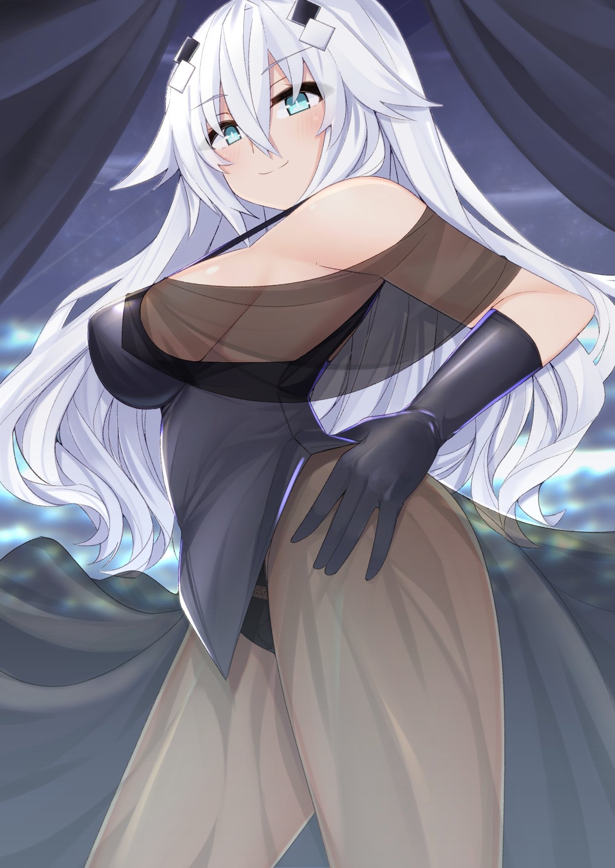 2023 black_heart blue_eyes breasts cleavage compile_heart dress dura gloves goddess hand_on_hip idea_factory light-skinned_female long_hair looking_at_viewer neptunia_(series) noire panties see-through_clothing side_view sideboob smile solo white_hair