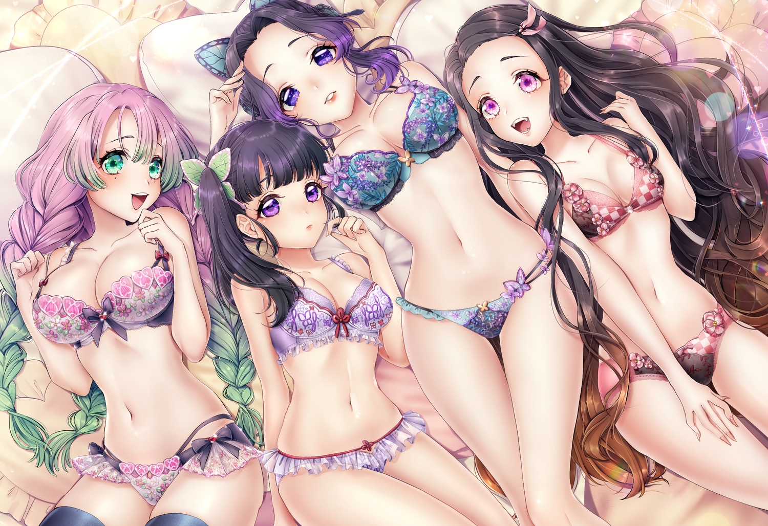 4girls, big breasts, black hair, black-haired female, bra, braided hair, breasts, demon slayer, female, female only, gradient hair, green eyes, green hair, kamado nezuko, kanroji mitsuri, kimetsu no yaiba, kochou shinobu, lingerie, long hair, looking at viewer, lying, lying on back, multicolored hair, open mouth, panties, pink eyes, pink hair, pink-haired female, purple eyes, purple hair, purple-haired female, short hair, small breasts, tsuyuri kanao, underwear, underwear only