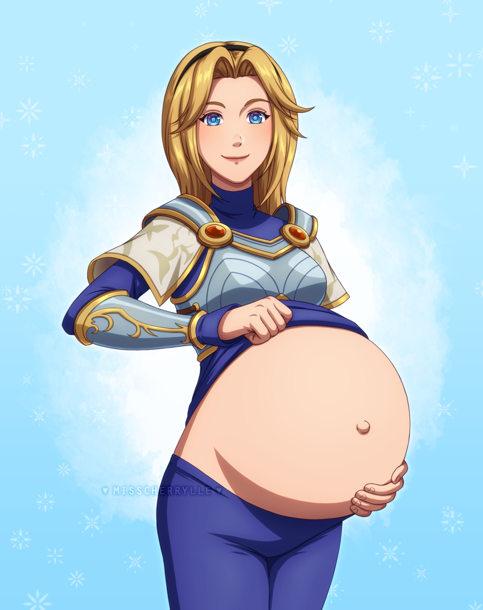 1girls adricarra armor big_belly blonde_hair blue_eyes hand_on_belly heavily_pregnant league_of_legends looking_at_viewer luxanna_crownguard misscherrylle outie_navel pregnant pregnant_belly pregnant_female ready_to_pop riot_games shirt_lift shirt_up smile smiling smiling_at_viewer