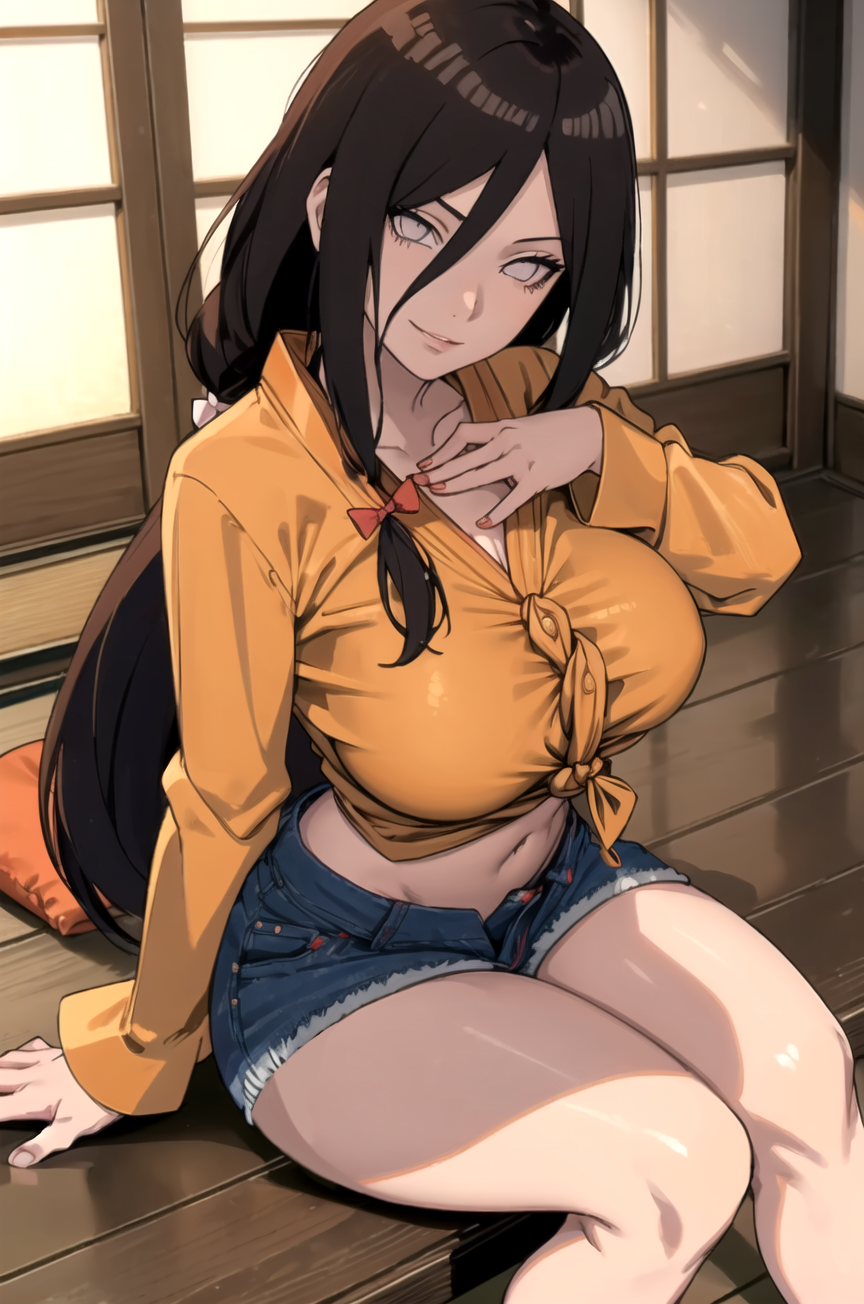 1girls ai_generated bare_stomach black_hair boruto:_naruto_next_generations girl_only hyuuga_hanabi jean_shorts massive_breasts naruto naruto_(series) no_pupils smile thick_thighs