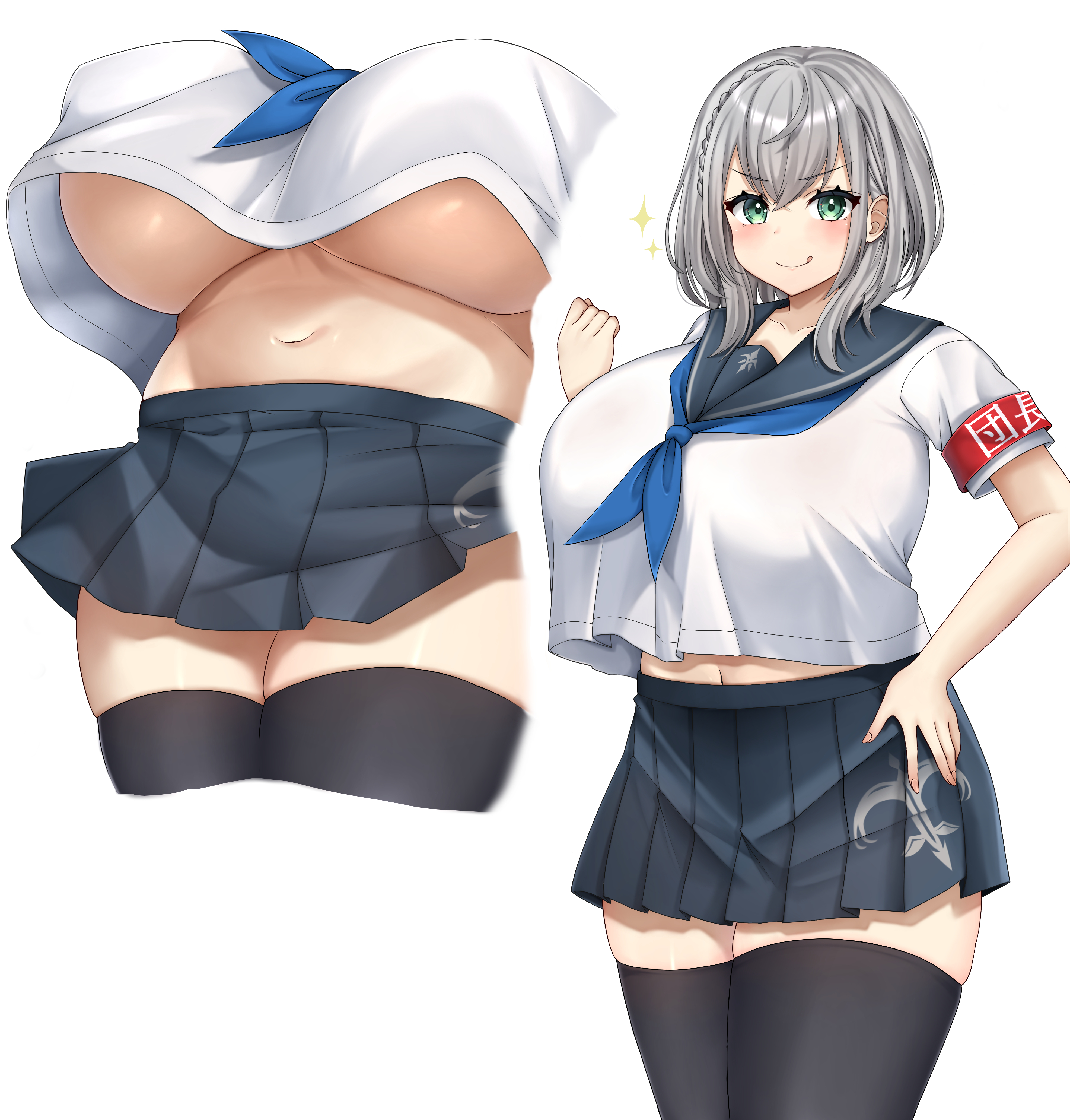 1girls, armband, big breasts, big thighs, black stockings, blush, breasts, busty, clothed, clothed female, clothing, female, female only, hololive, hololive fantasy, hololive japan, huge breasts, large thighs, light skin, light-skinned female, medium hair, navel, no bra, sailor collar, sailor uniform, shirogane noel, silver hair, solo, stockings, thick thighs, thighhighs, thighs, underboob, virtual youtuber, voluptuous, zawashi (zawashio1013)