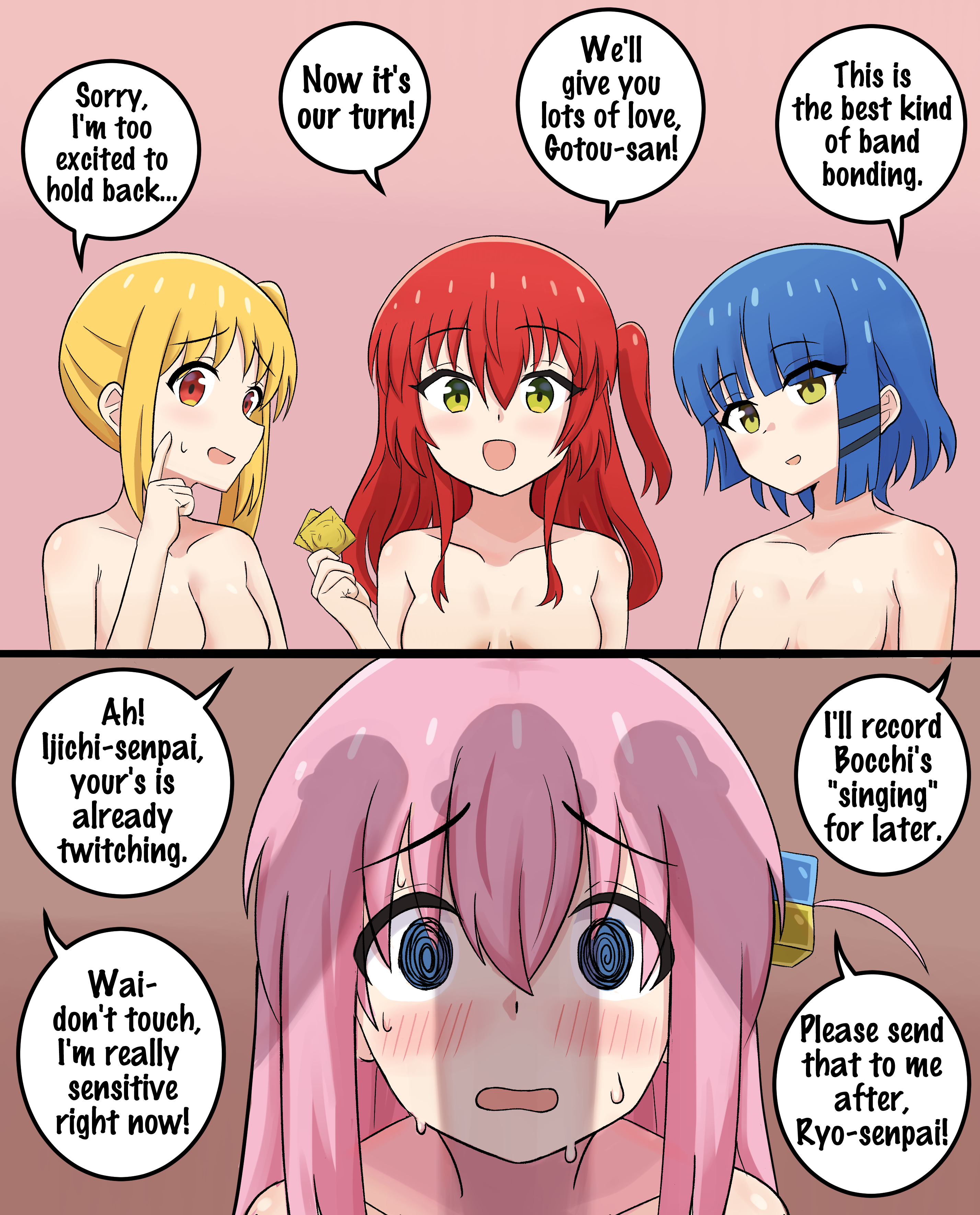 1girls, 3futas, anxious, big penis, blonde hair, blue eyes, bocchi the rock!, cock shock, comic, condom, english text, erection, female, futa with female, futanari, gotou hitori, holding condom, horny female, huge cock, ijichi nijika, imminent sex, implied futa, intersex, kita ikuyo, kurofuro, light skin, light-skinned female, light-skinned futa, long hair, multiple females, multiple girls, penis, penis awe, penis shadow, pink hair, red eyes, red hair, shocked, shocked expression, shy, surprised, surprised expression, text, text bubble, yamada ryou, yellow eyes