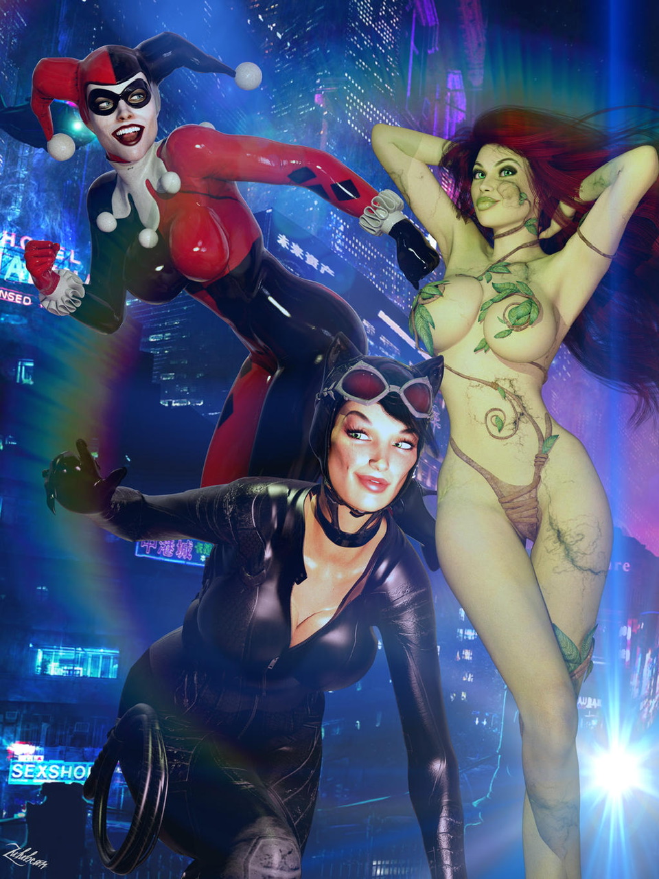 3d 3d_(artwork) 3girls artist_signature batman:_arkham_knight batman_(series) big_breasts blue_eyes bodysuit busty catwoman catwoman_(arkham) catwoman_(arkham_knight) cleavage curvaceous curvy curvy_figure dc dc_comics eyebrows eyelashes eyes female gotham_city_sirens green-skinned_female green_body green_eyes green_skin hair harley_quinn harley_quinn_(classic) hips hourglass_figure light-skinned_female light_skin lips makeup multiple_girls pamela_isley poison_ivy red_hair selina_kyle slim_waist supervillain supervillainess villain villainess zulubean