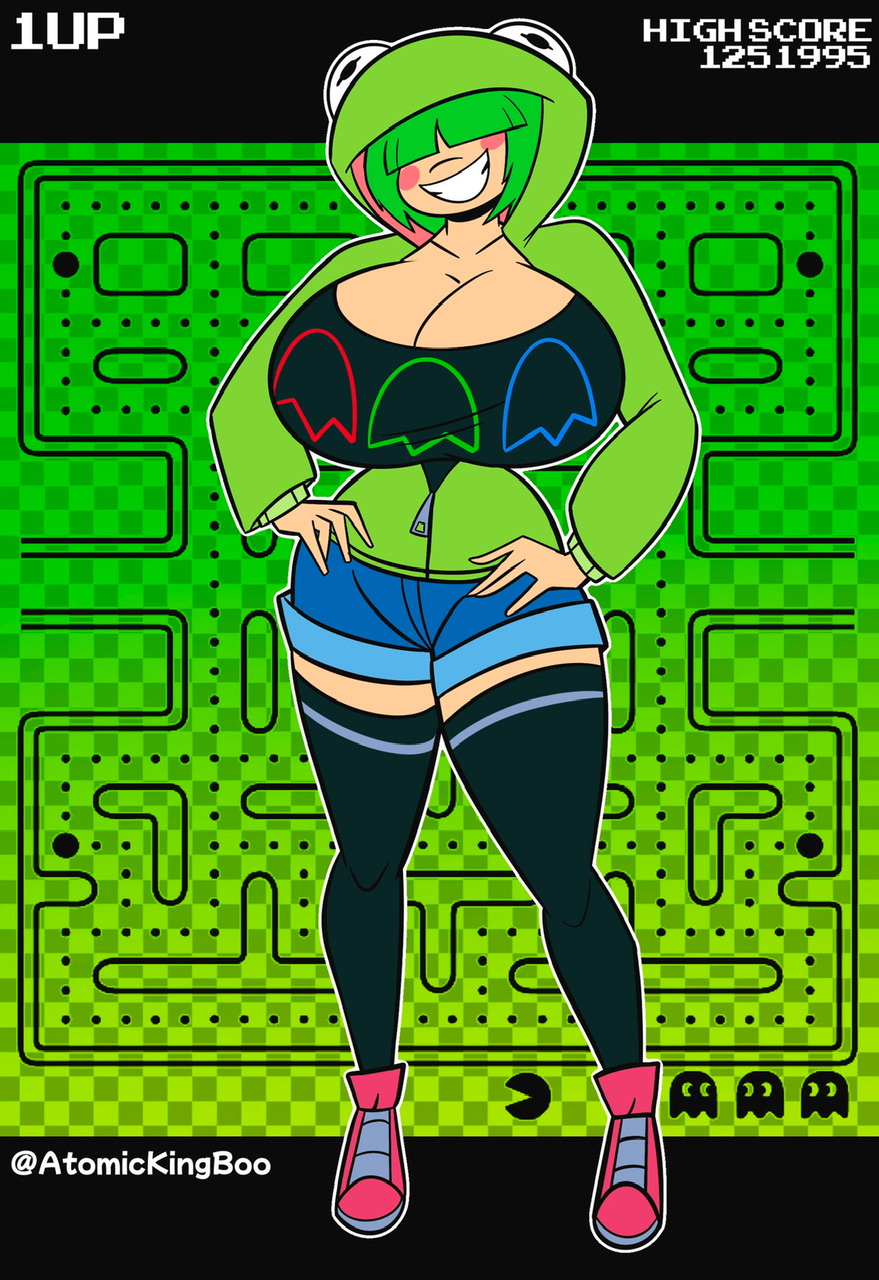 apple_green_clothing atomickingboo big_breasts blue_shorts breasts bust busty chest cleavage curvy cute female footwear frog_costume front_view full_body gameplay_mechanics green_background green_clothing green_hair green_hoodie green_theme grin gritted_teeth hair_over_eyes hands_on_hips happy hoodie hourglass_figure huge_breasts huge_cleavage jean_shorts kermit_the_frog kermit_the_frog_(cosplay) large_breasts legs legwear long_legs long_sleeves medium_hair moni_peiper neon_green non-euclidean_border original_character outline pac-man_(game) pink_footwear pink_sneakers shorts slim slim_waist small_waist smile smiling sneakers solo thigh_socks thighhighs thighs top_heavy white_outline wide_hips zipper