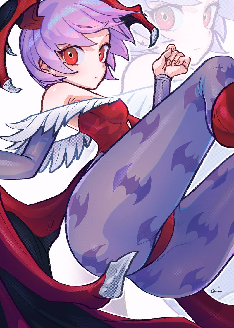 1girls animal_print ass bat_print capcom clothing darkstalkers demon demon_girl demon_humanoid demon_wings etama_quomo female female_only head_wings leotard lilith_aensland looking_at_viewer pantyhose purple_hair purple_pantyhose red_eyes small_breasts solo succubus succubus_wings wings