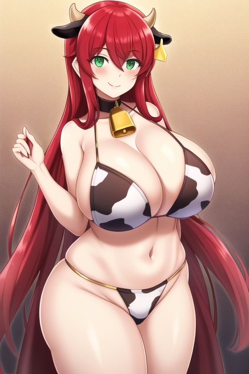 ai_generated bell_collar cleavage cow_ears cow_girl cow_horns cow_print cow_print_bikini ear_tag femsub green_eyes happy_sub hucow huge_breasts long_hair looking_at_viewer pyrrha_nikos red_hair rwby slave slave_collar slave_outfit slavegirl submissive_female transformationwitch voluptuous