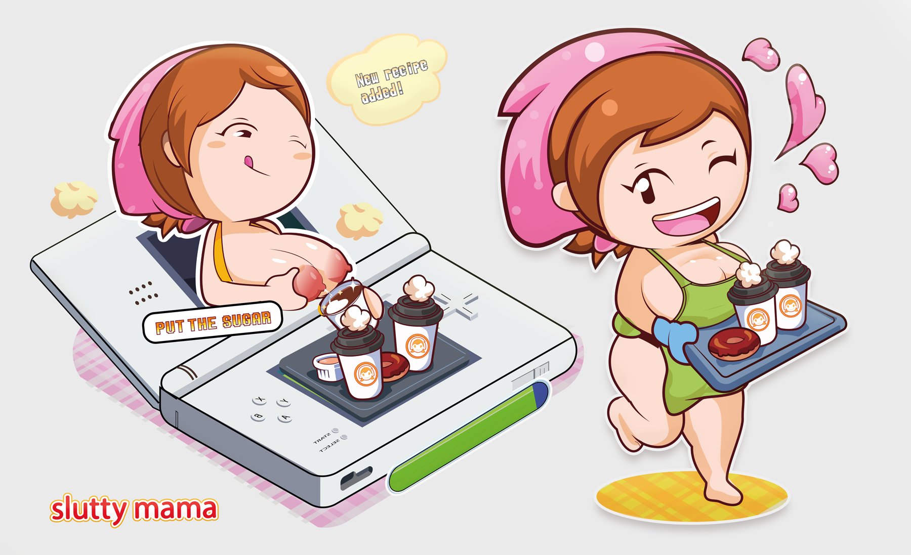 1girls, apron, ass, big breasts, breasts, brown hair, casual, chibi, coffee, cooking mama, electronics, female, gosgoz, handheld game console, human, iced latte with breast milk, mama (cooking mama), milf, milk, milk squirt, milking, nintendo ds, nipples, nude, outerwear, pale skin, short hair, smile, tongue, tongue out