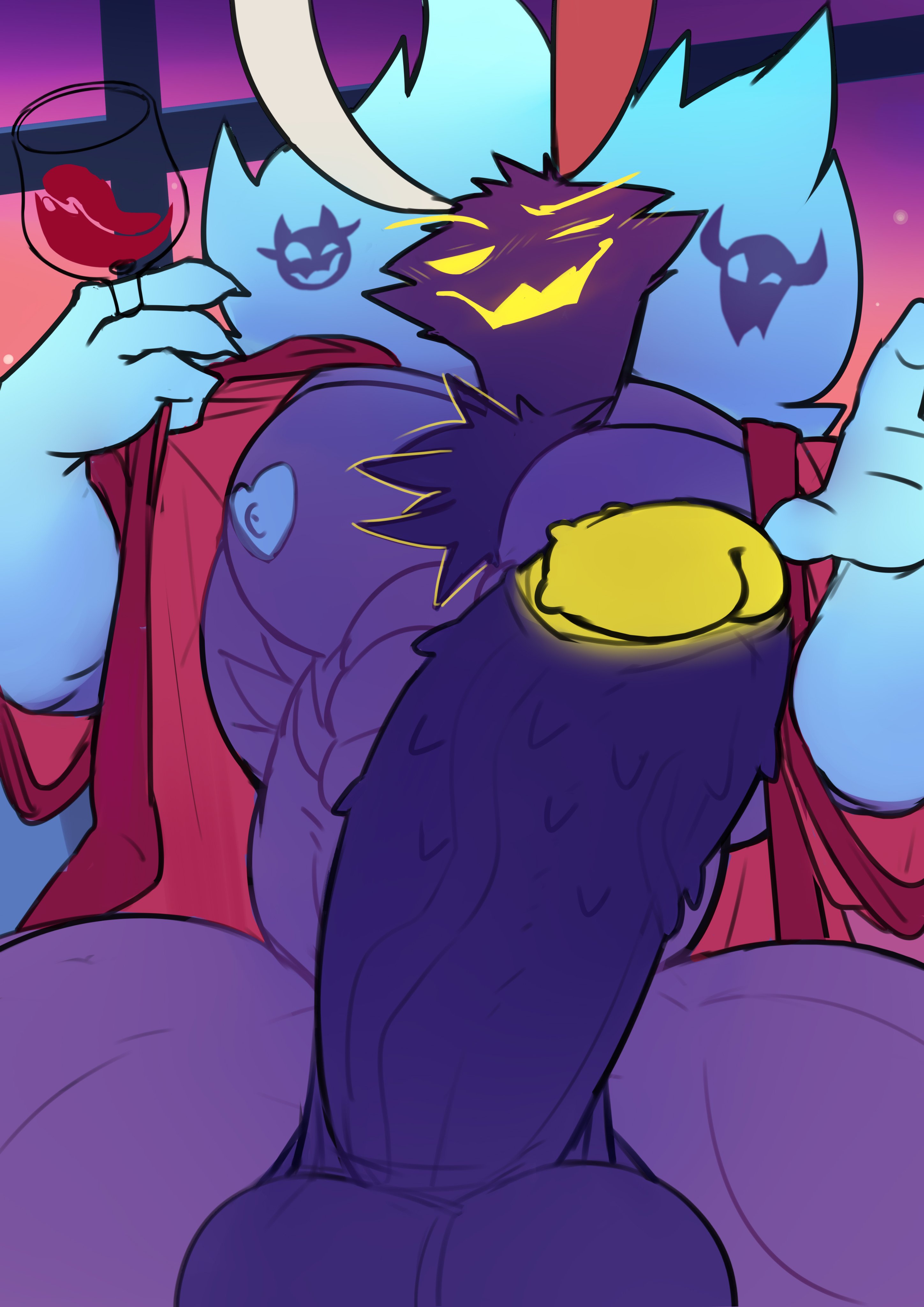 1boy, anthro, anthro only, anthrofied, asmodeus (helluva boss), balls, big balls, big penis, big testicles, blue arms, blush, blush lines, chest, chest hair, chest tuft, cydonia xia, drunk, erect penis, erection, gay, half-closed eyes, helluva boss, huge balls, huge cock, large penis, larger male, long penis, looking at viewer, male, male only, massive balls, massive penis, muscles, muscular, muscular anthro, muscular male, muscular thighs, nipple tape, nipples, penis, presenting, presenting balls, presenting penis, purple body, purple skin, semi nude, sharp teeth, smile, smiling at viewer, tape, taped nipples, testicles, vein, veins, veiny, veiny penis, white hair, wine, wine glass, wip