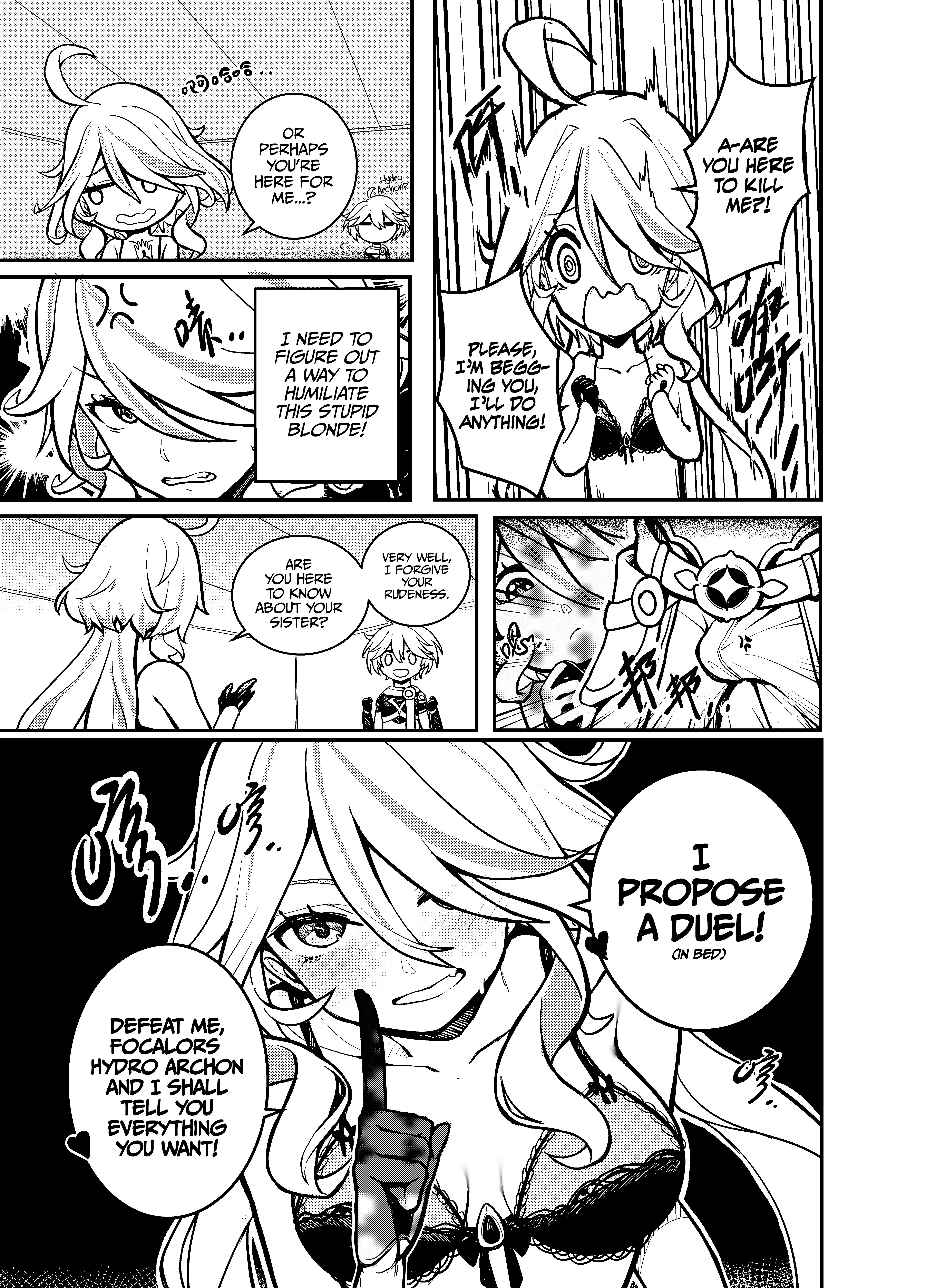 aether (genshin impact), artist request, black and white, doujinshi, english text, female, furina (genshin impact), genshin impact